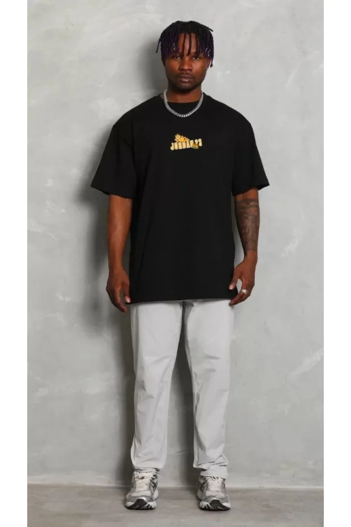 Unisex Bisiklet Yaka Baskılı Oversize T-Shirt - Siyah