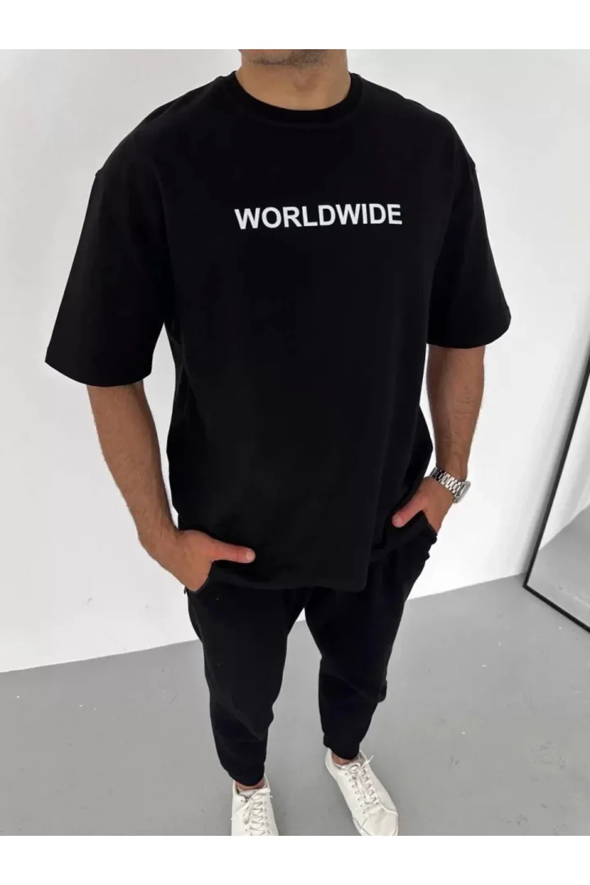 Unisex Bisiklet Yaka Baskılı Oversize T-Shirt - Siyah