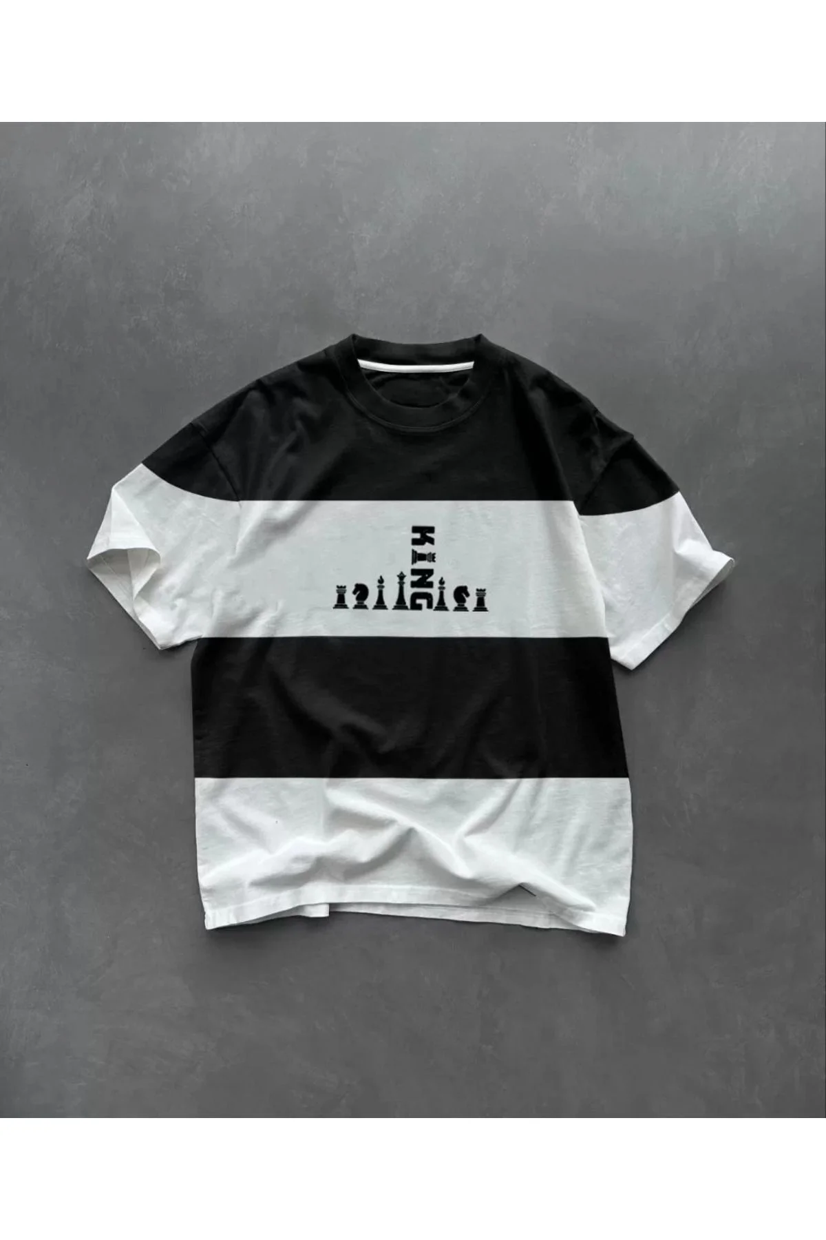 Unisex Bisiklet Yaka Baskılı Parçalı Oversize T-Shirt - Siyah