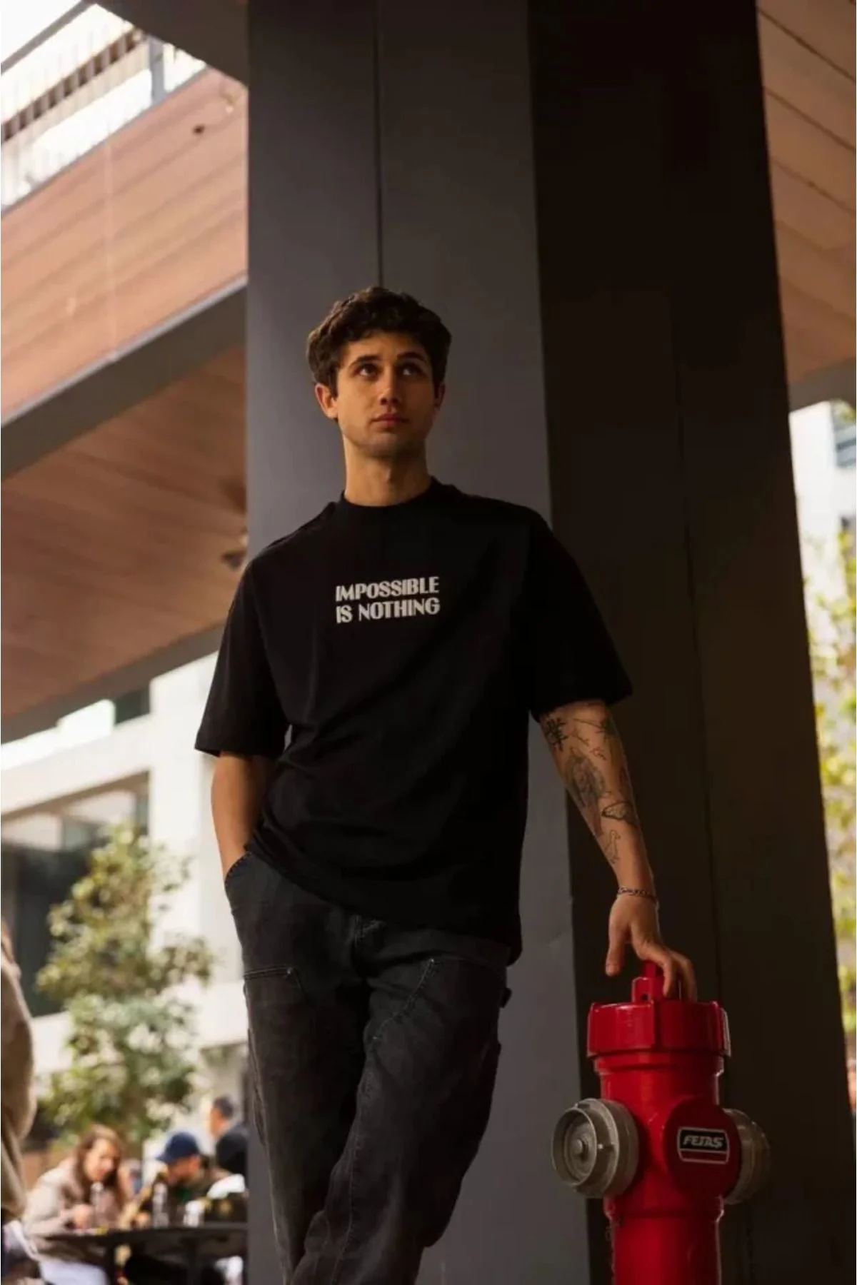 Unisex Bisiklet Yaka Baskılı Oversize T-Shirt - Siyah