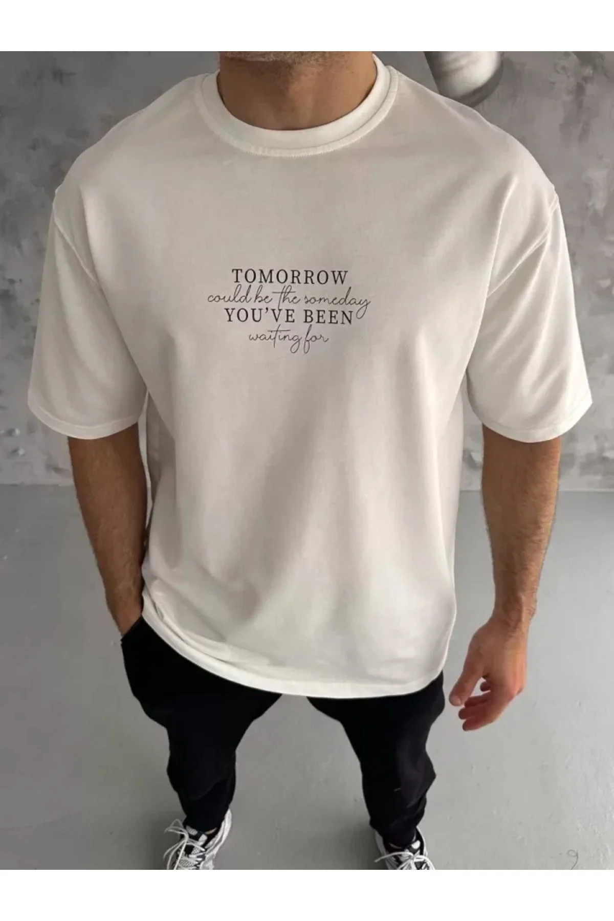 Unisex Bisiklet Yaka Baskılı Oversize T-Shirt - Beyaz
