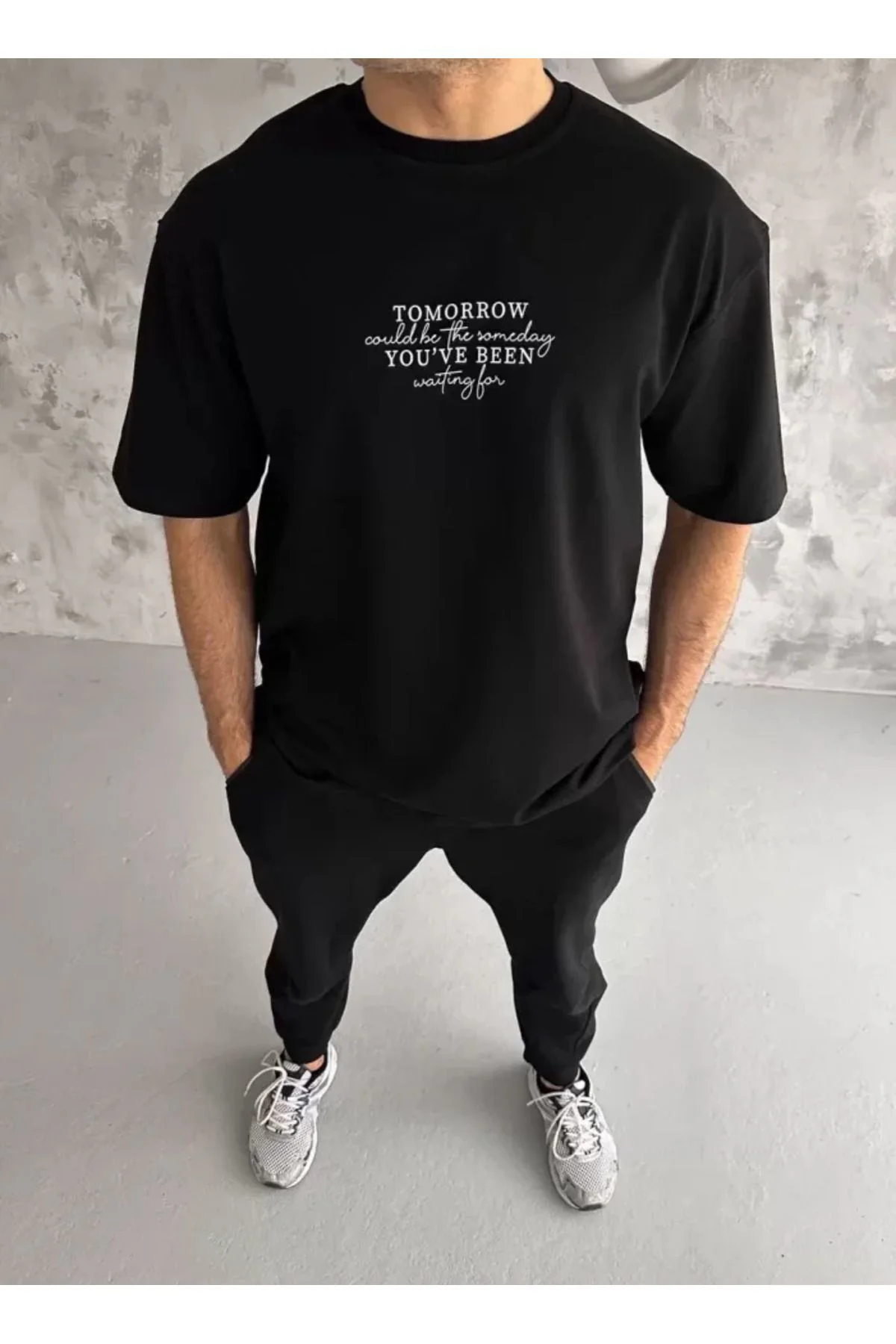 Unisex Bisiklet Yaka Baskılı Oversize T-Shirt - Siyah