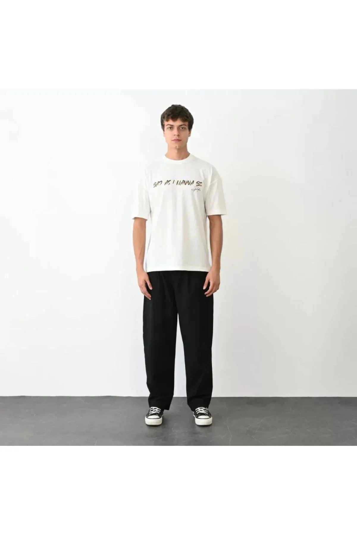 Unisex Bisiklet Yaka Baskılı Oversize T-Shirt - Beyaz
