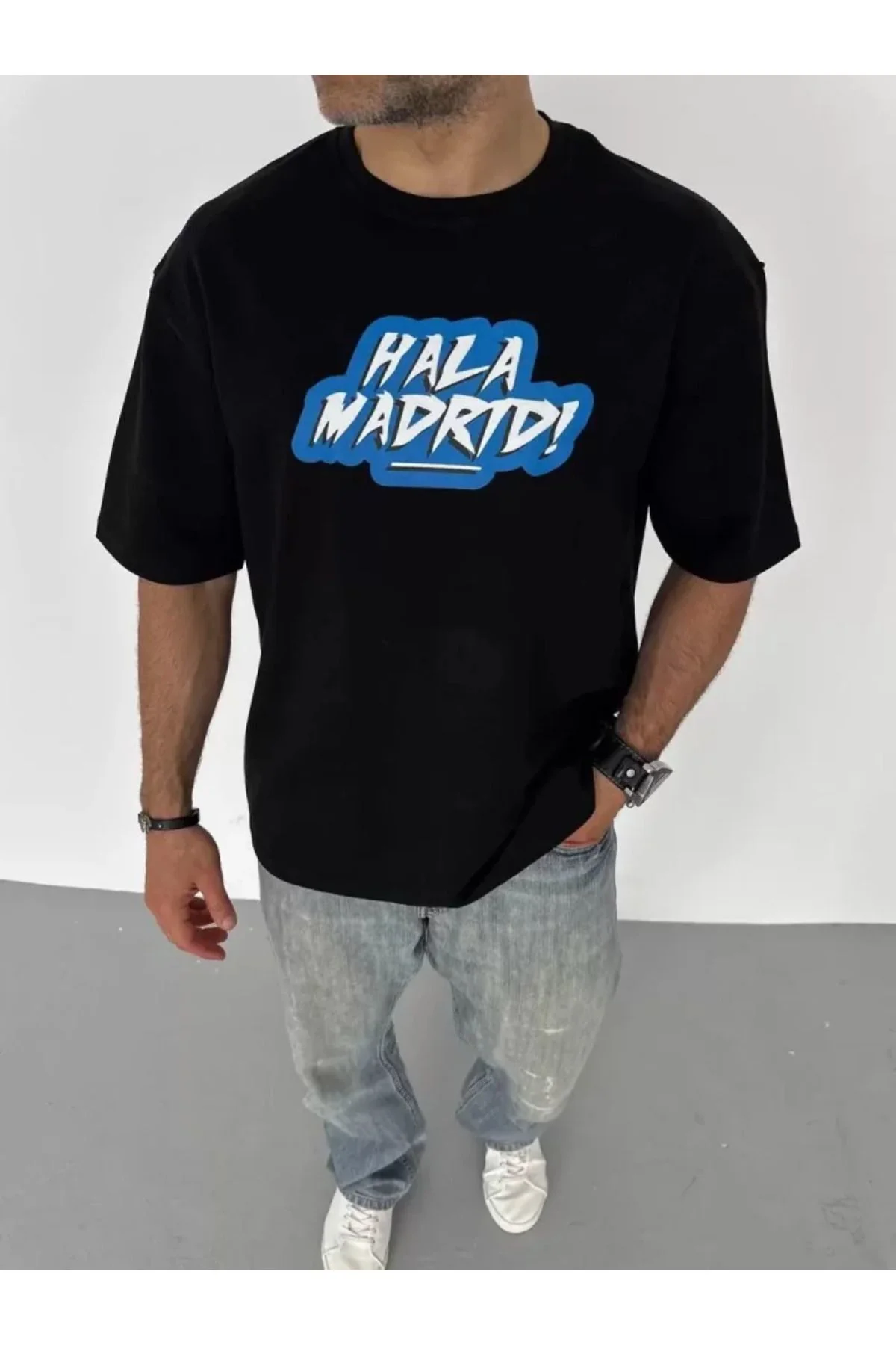Unisex Bisiklet Yaka Baskılı Oversize T-Shirt - Siyah