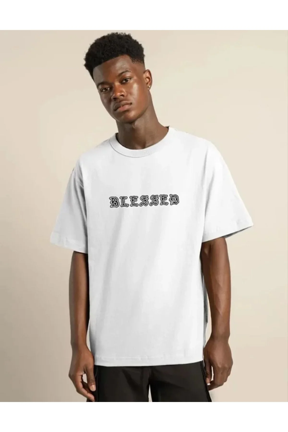 Unisex Bisiklet Yaka Oversize Baskılı T-Shirt - Beyaz