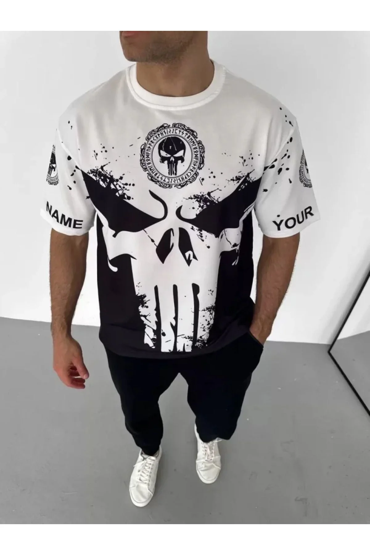 Unisex Bisiklet Yaka Baskılı Oversize T-Shirt - Beyaz