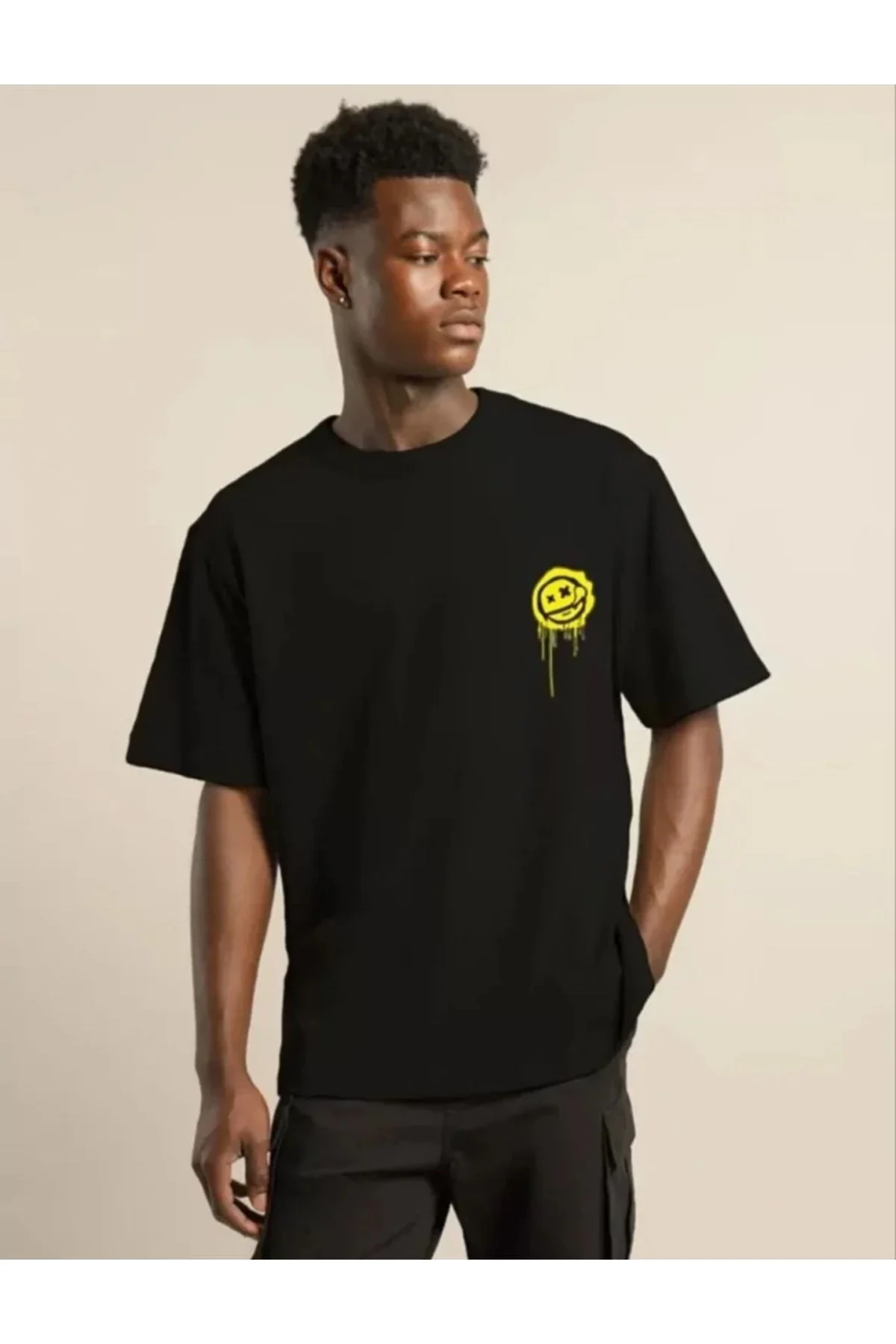 Unisex Bisiklet Yaka Baskılı Oversize T-Shirt - Siyah