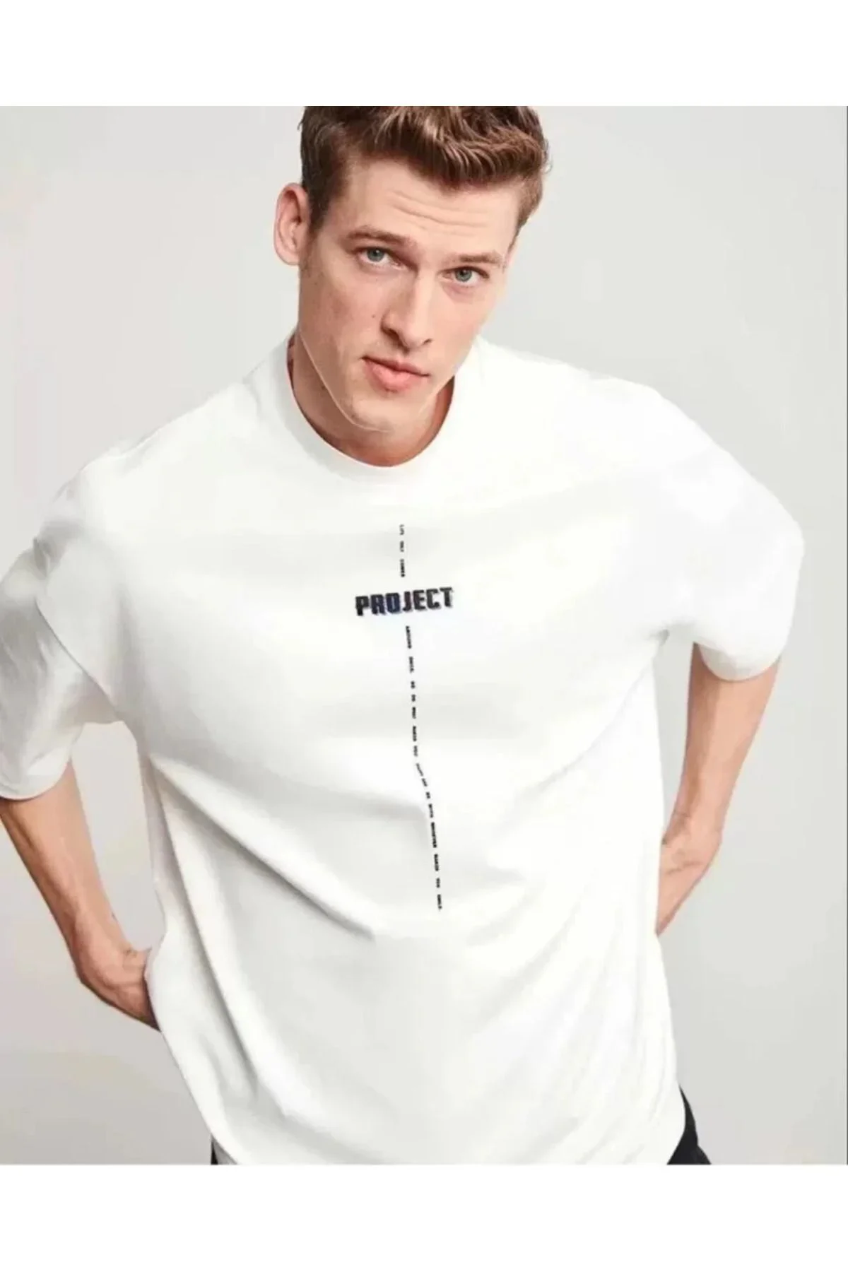 Unisex Bisiklet Yaka Baskılı Oversize T-Shirt - Beyaz