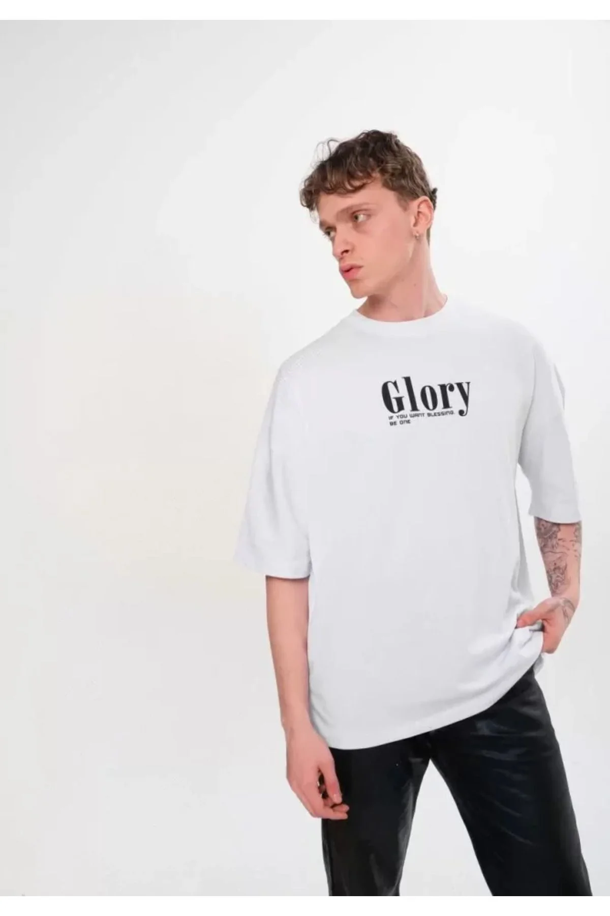 Unisex Bisiklet Yaka Baskılı Oversize T-Shirt - Siyah