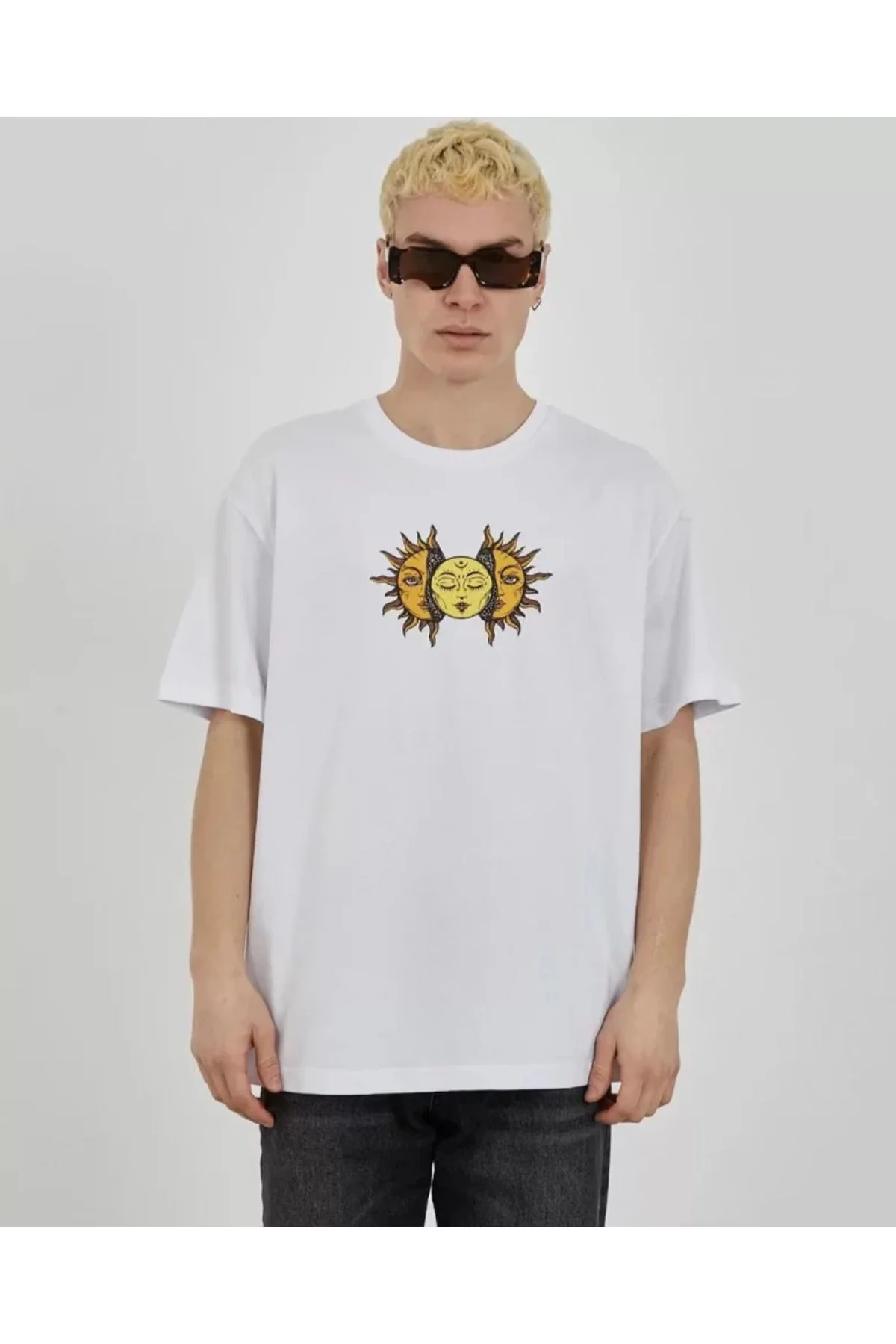 Unisex Bisiklet Yaka Baskılı Oversize T-Shirt - Beyaz