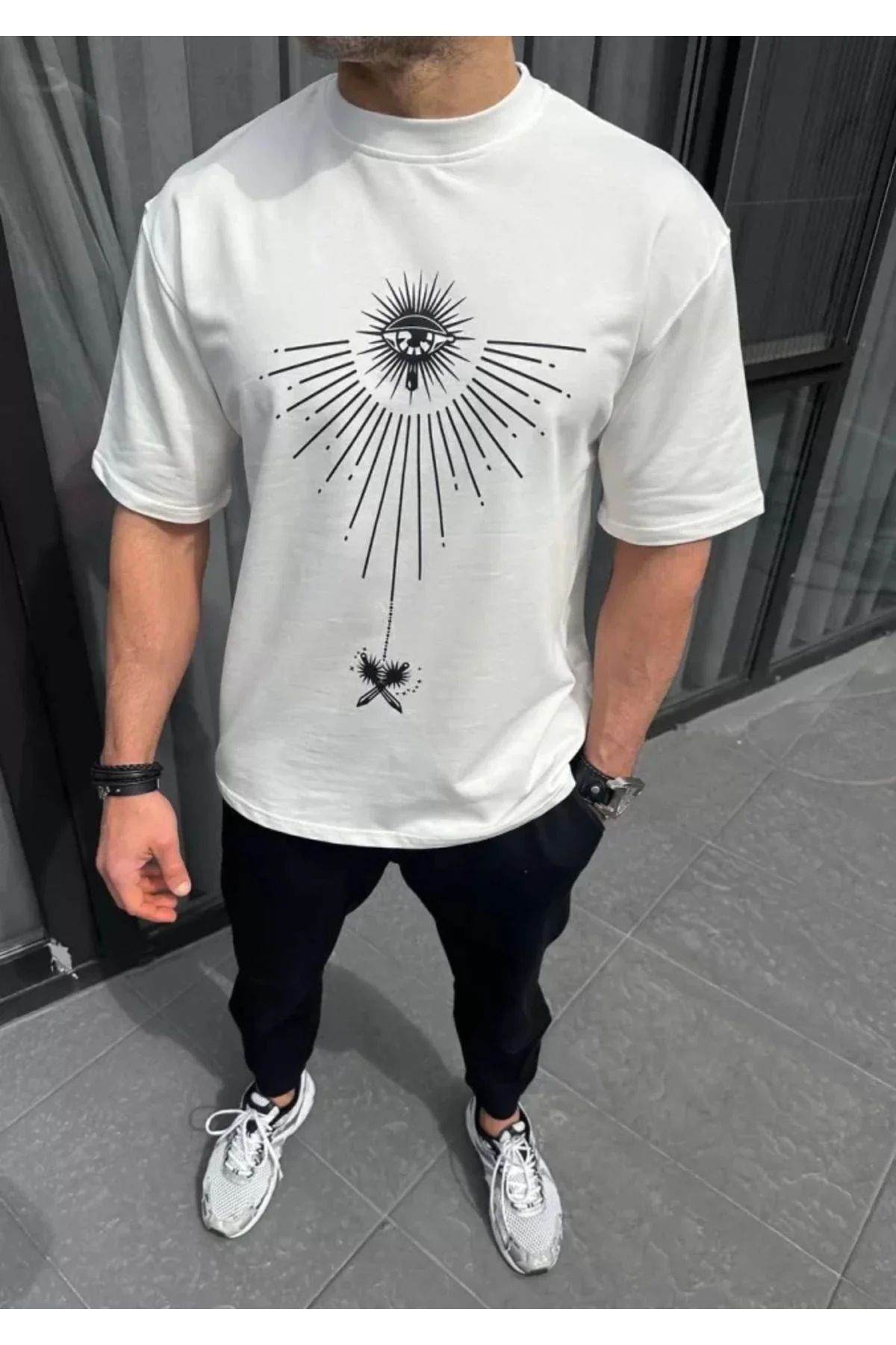 Unisex Bisiklet Yaka Baskılı Oversize T-Shirt - Beyaz