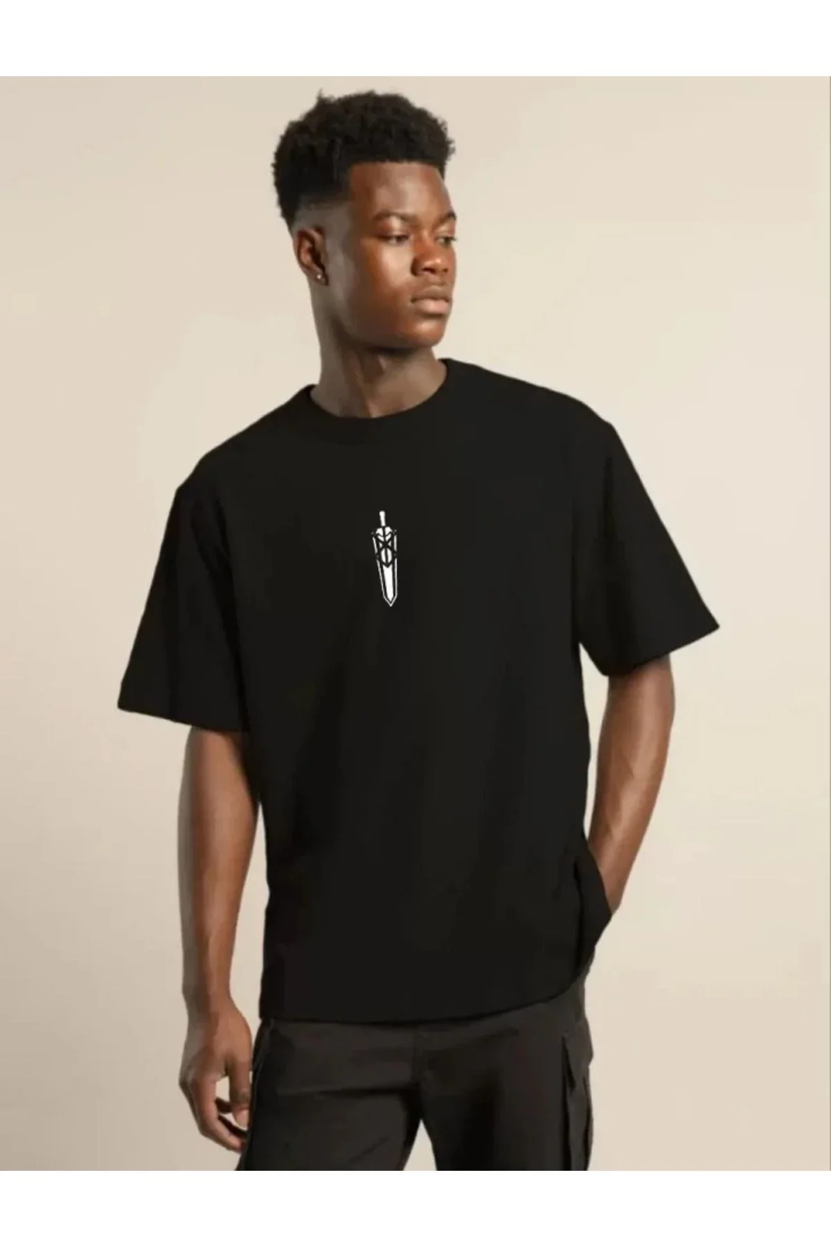 Unisex Bisiklet Yaka Baskılı Oversize T-Shirt - Siyah