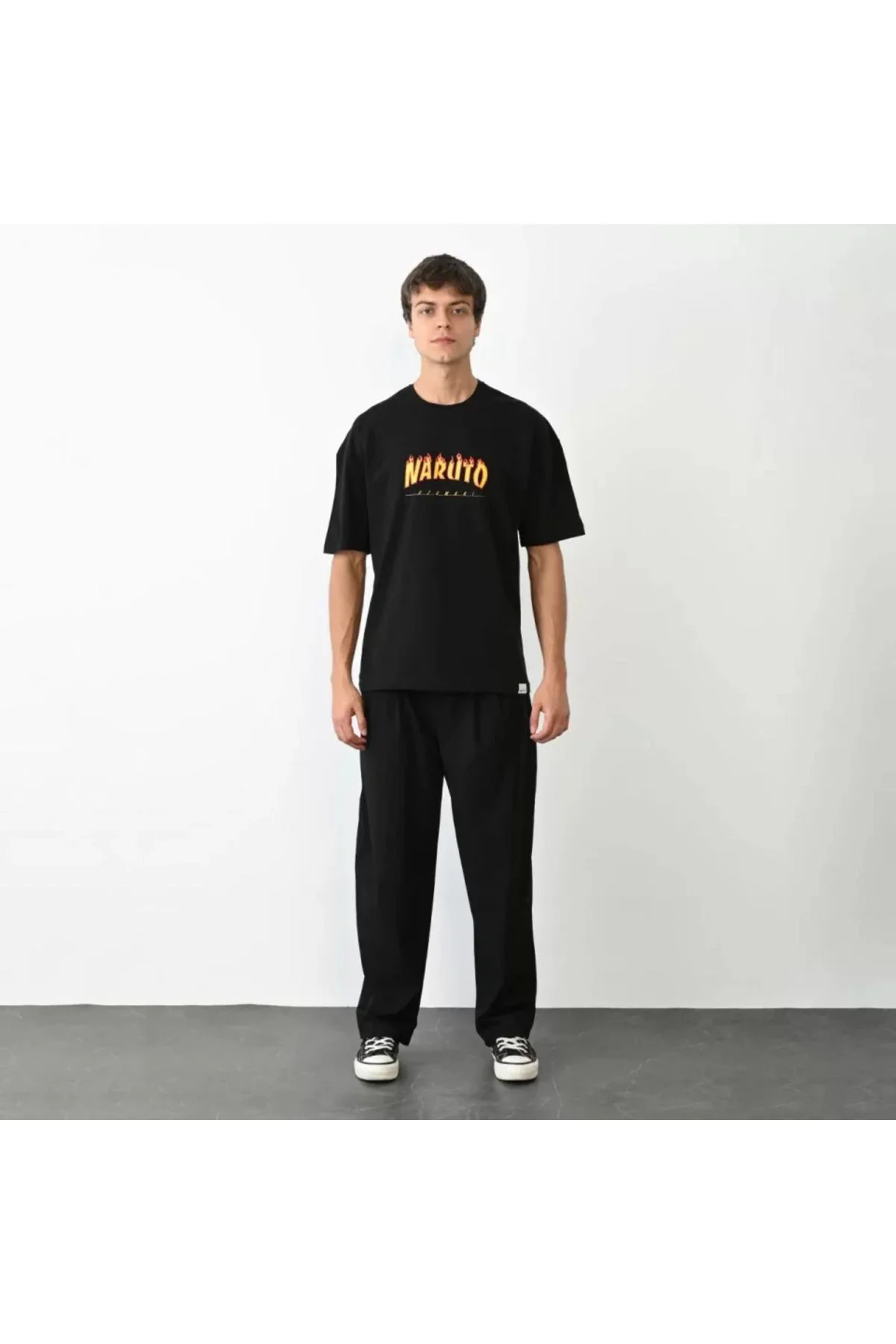 Unisex Bisiklet Yaka Baskılı Oversize T-Shirt - Siyah