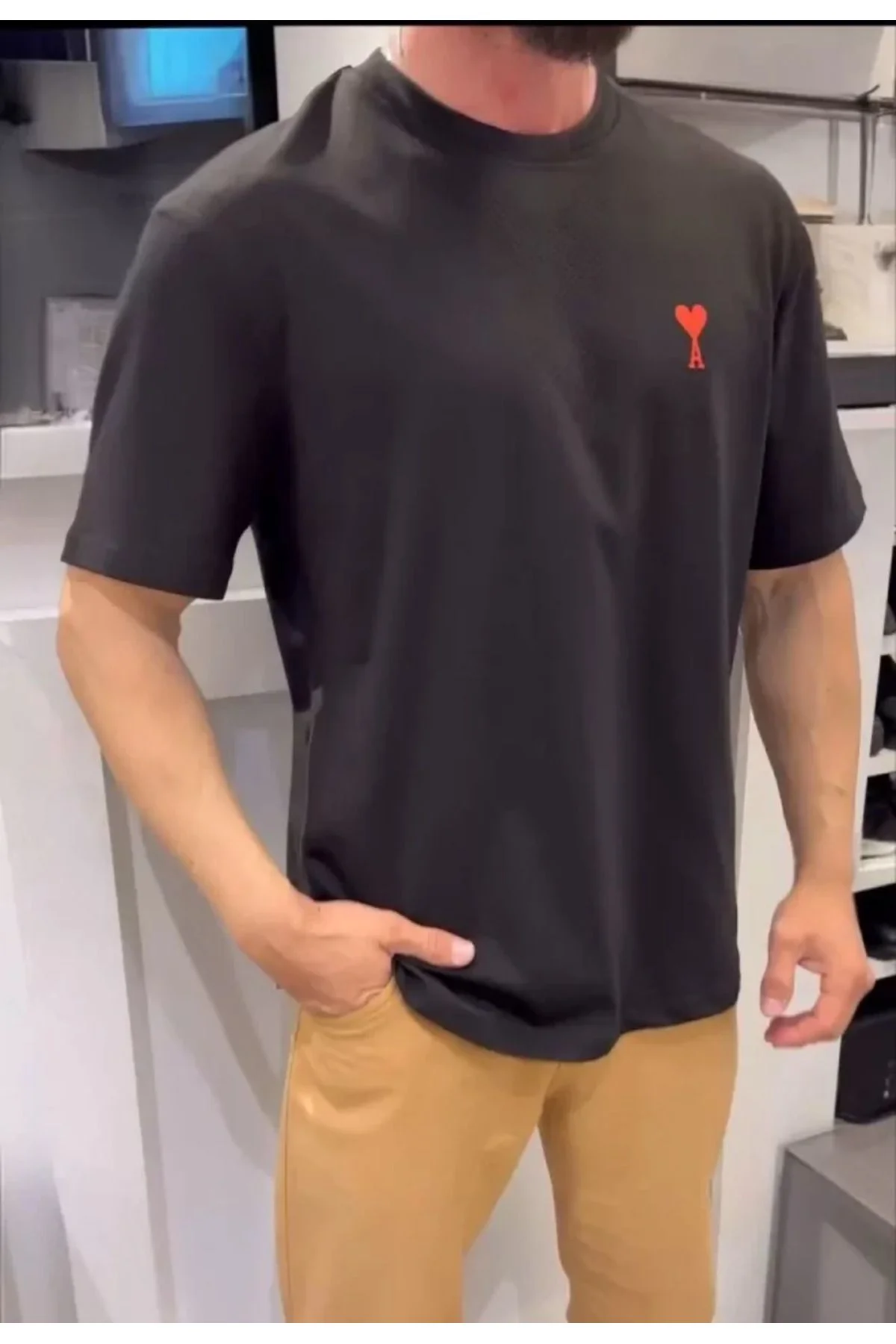 Unisex Bisiklet Yaka Baskılı Oversize T-Shirt - Siyah