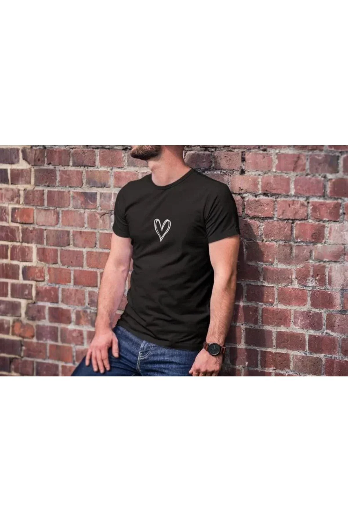 Unisex Bisiklet Yaka Baskılı Oversize T-Shirt - Siyah
