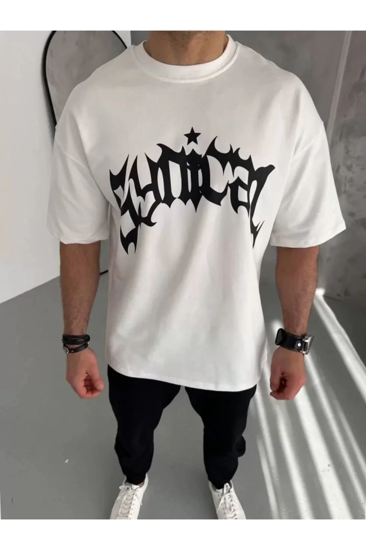 Unisex Bisiklet Yaka Baskılı Oversize T-Shirt - Beyaz