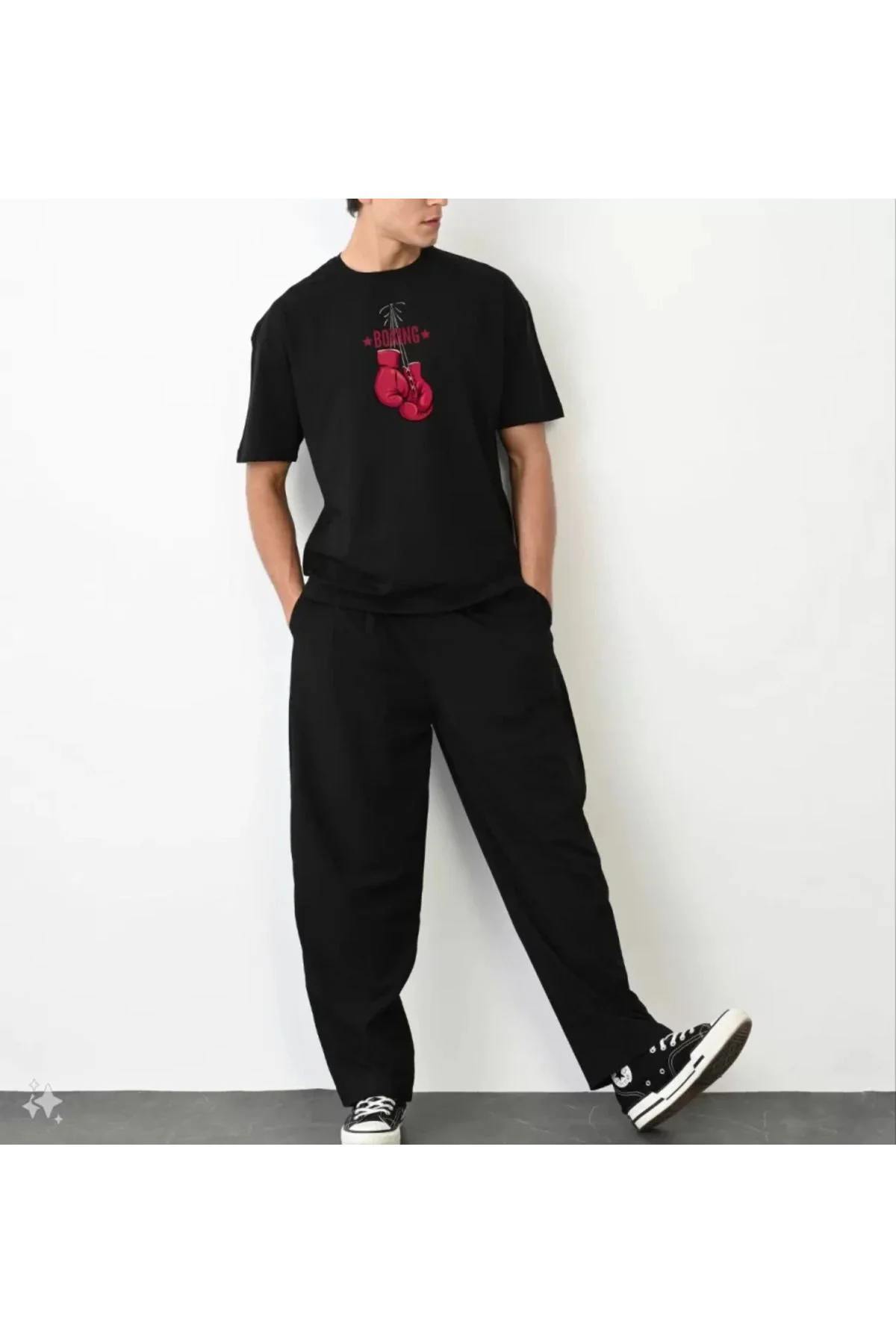 Unisex Bisiklet Yaka Baskılı Oversize T-Shirt - Siyah