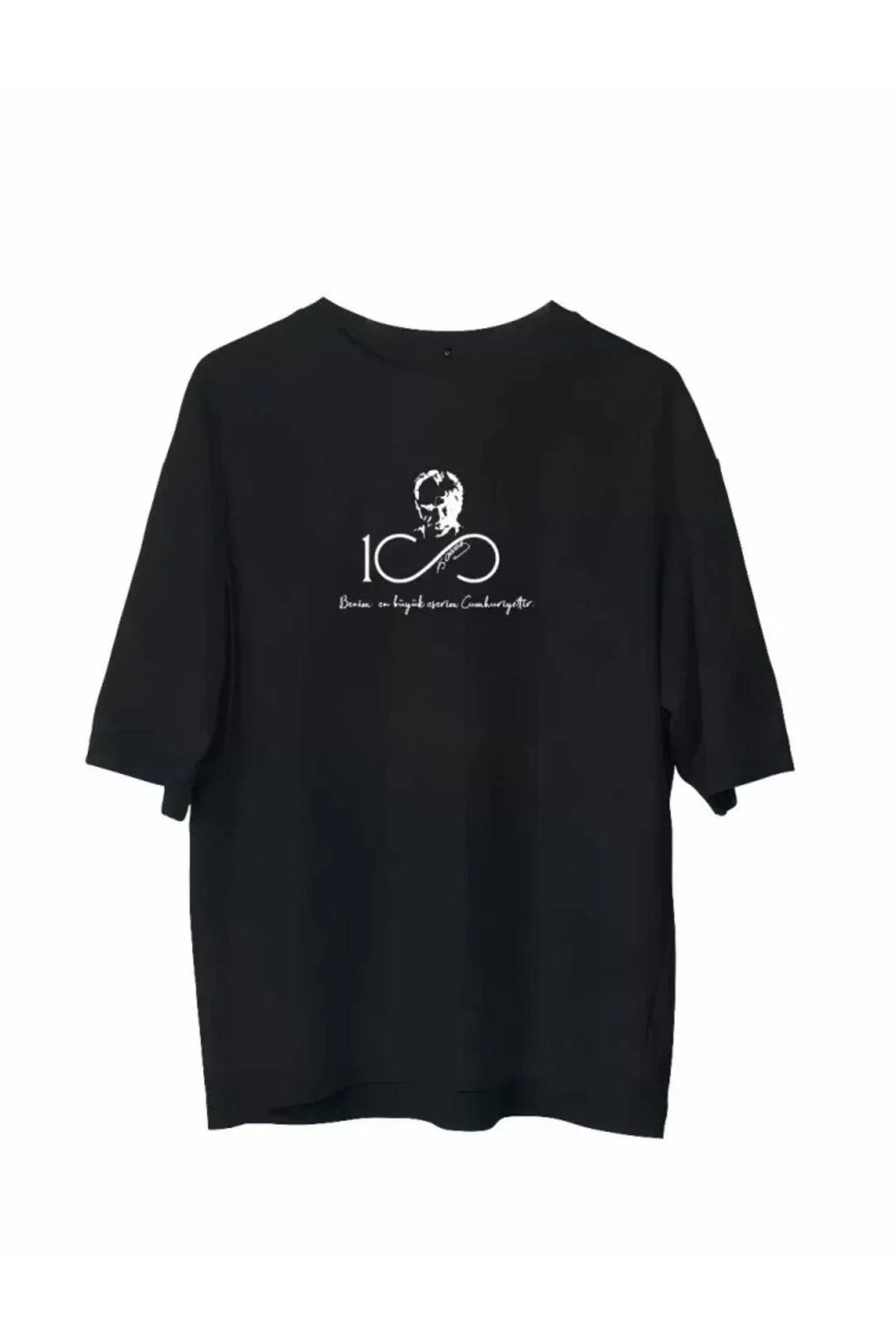 Unisex Bisiklet Yaka Baskılı Oversize T-Shirt - Siyah