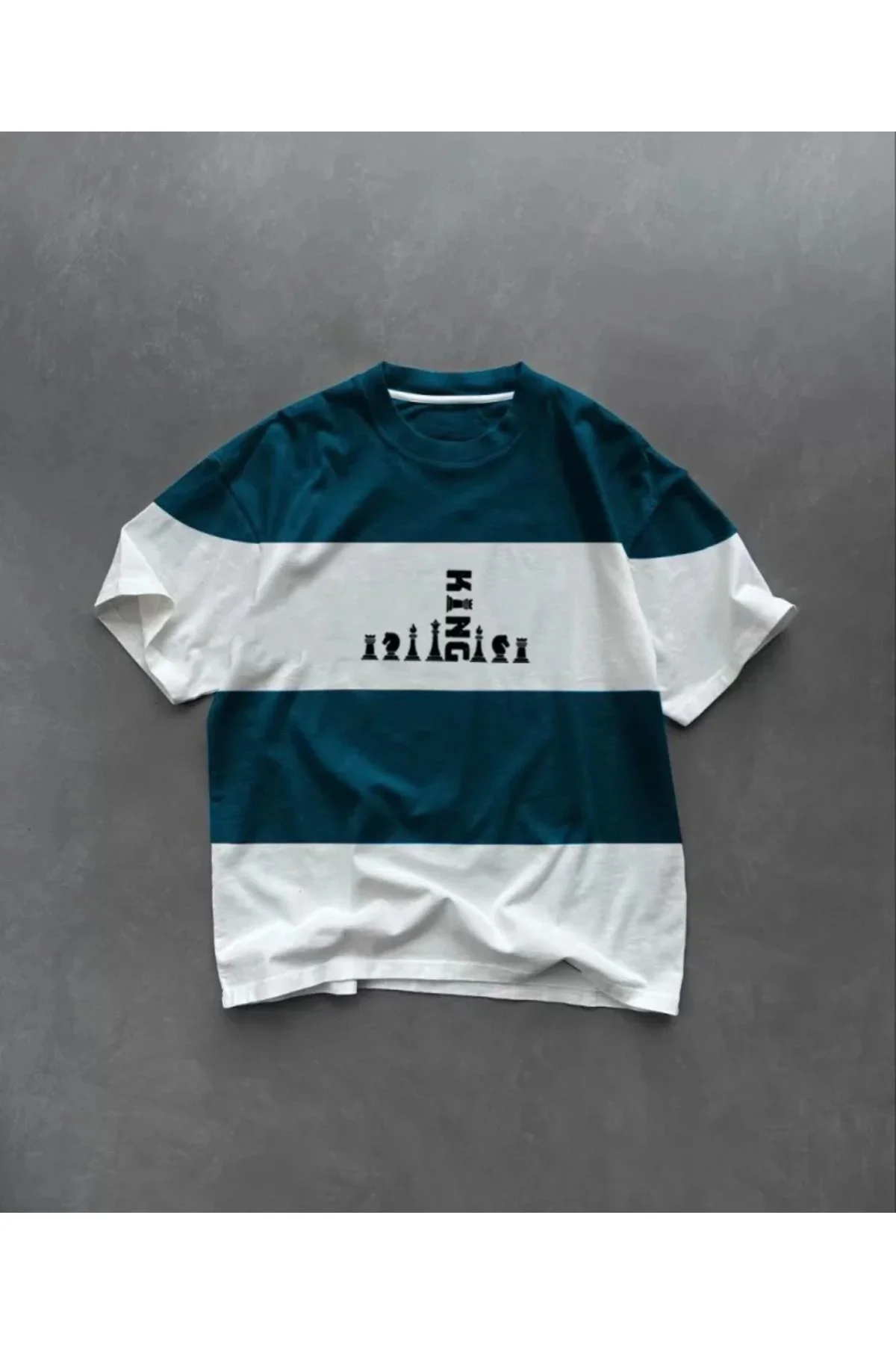 Unisex Bisiklet Yaka Baskılı Parçalı Oversize T-Shirt - Lacivert
