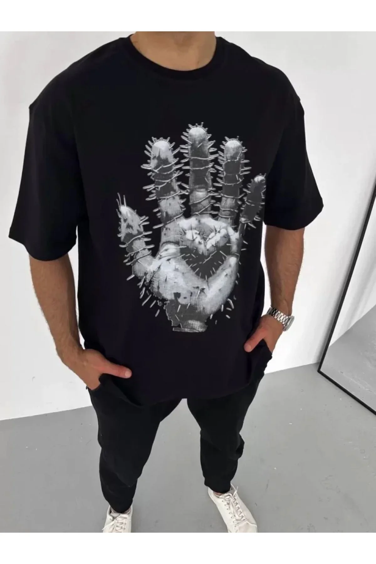 Unisex Bisiklet Yaka Baskılı Oversize T-Shirt - Siyah