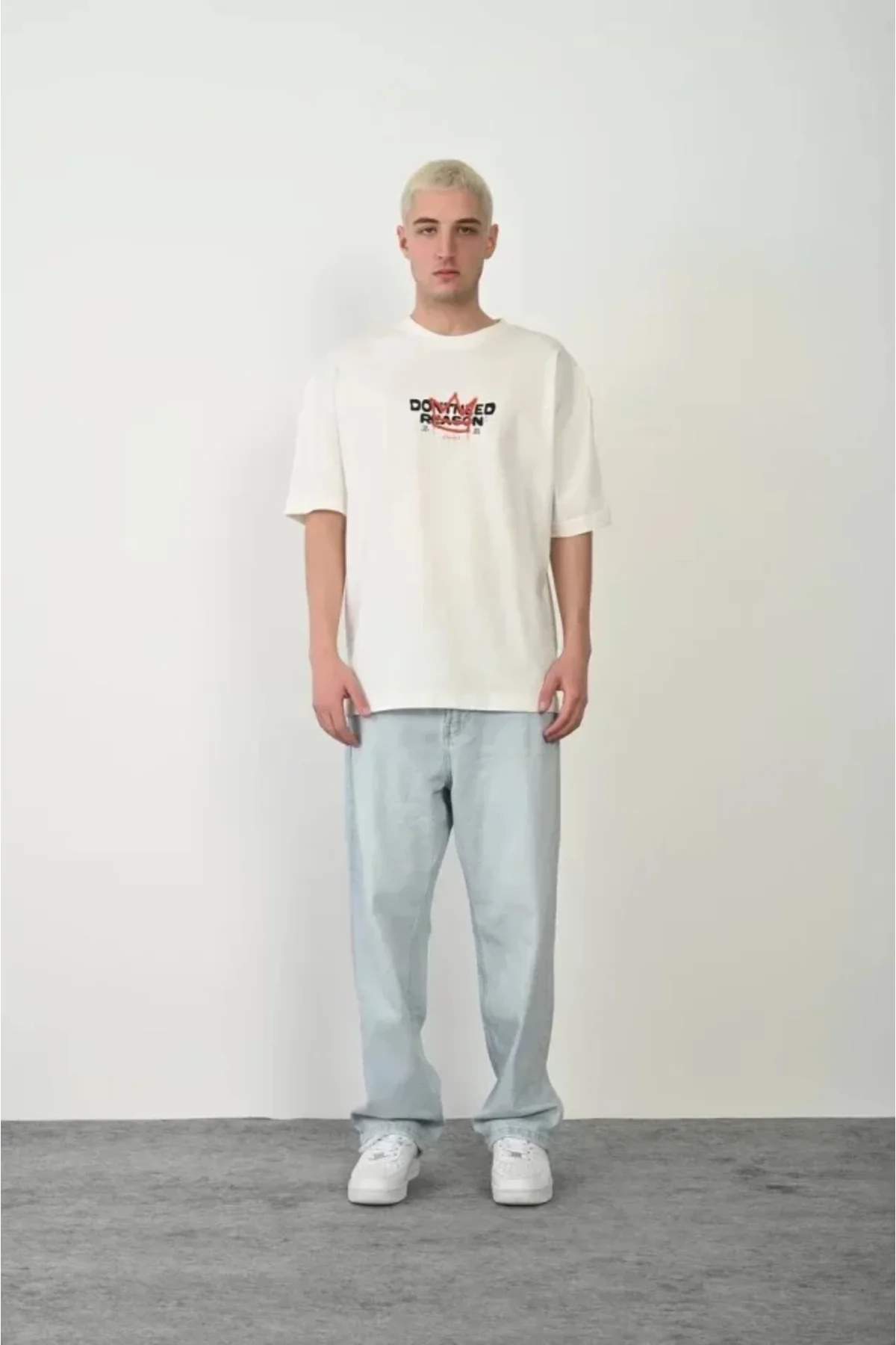 Unisex Bisiklet Yaka Baskılı Oversize T-Shirt - Beyaz