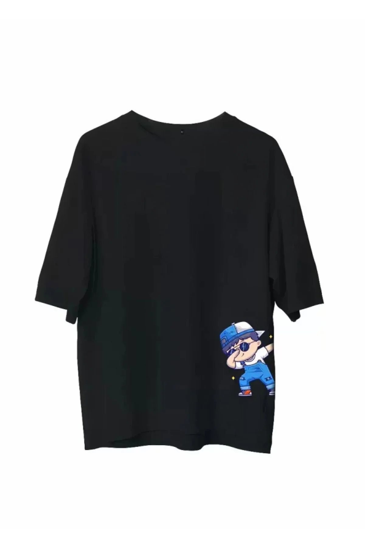 Unisex Bisiklet Yaka Baskılı Oversize T-Shirt - Siyah