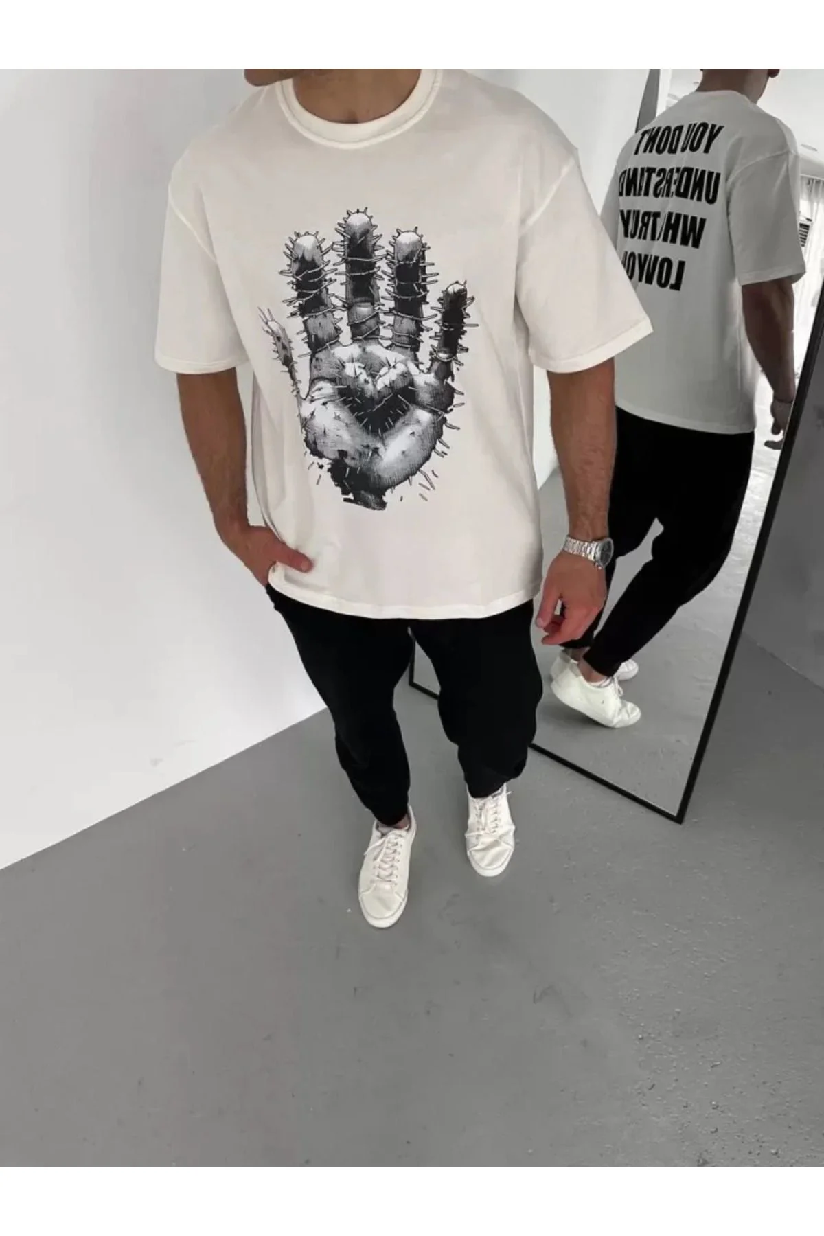 Unisex Bisiklet Yaka Baskılı Oversize T-Shirt - Beyaz