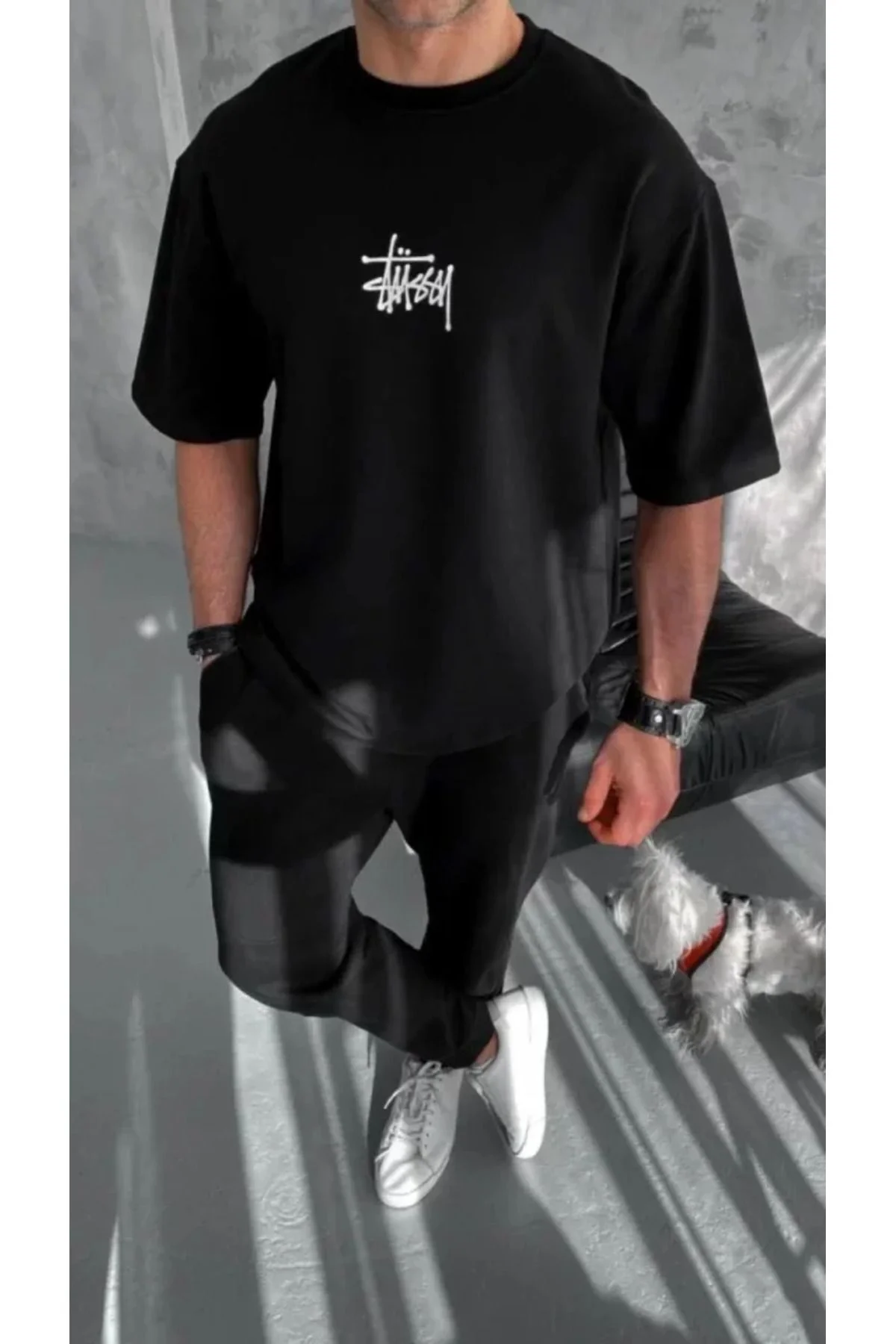 Unisex Bisiklet Yaka Baskılı Oversize T-Shirt - Siyah