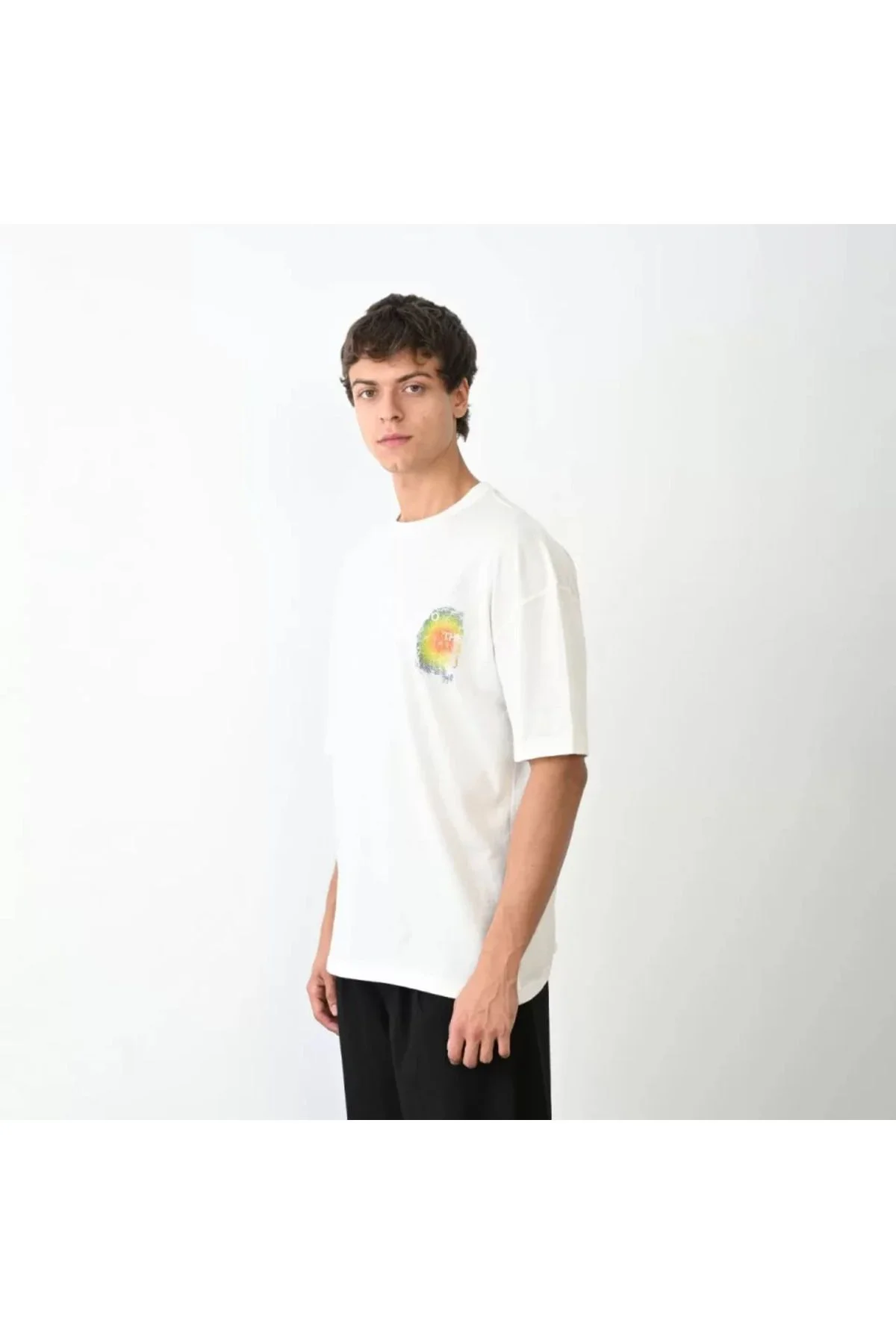 Unisex Bisiklet Yaka Baskılı Oversize T-Shirt - Beyaz