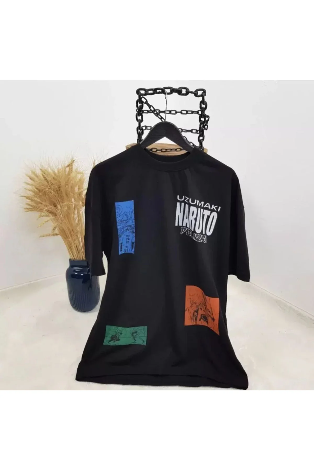 Unisex Bisiklet Yaka Baskılı Oversize T-Shirt - Siyah
