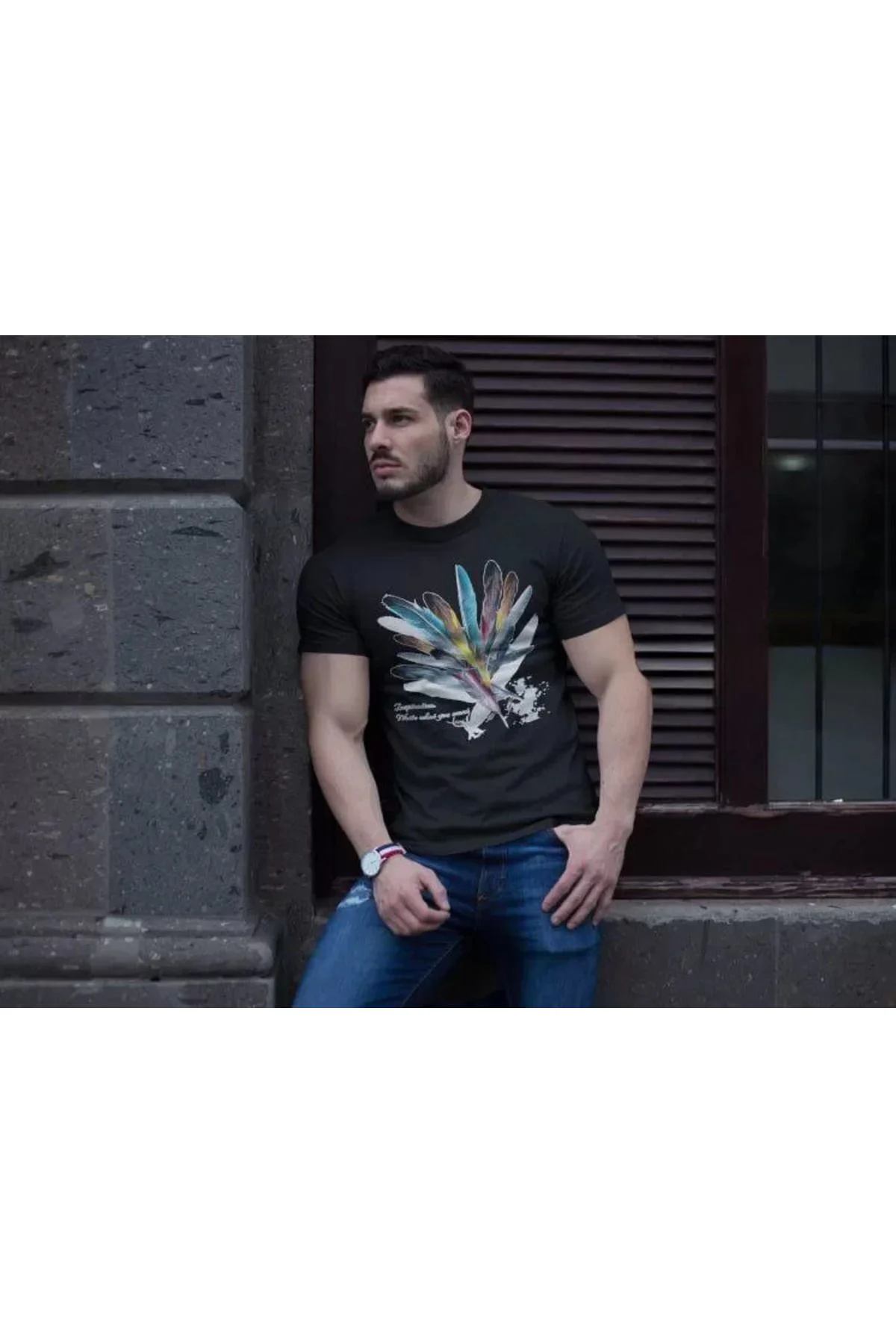 Unisex Bisiklet Yaka Baskılı Oversize T-Shirt - Siyah