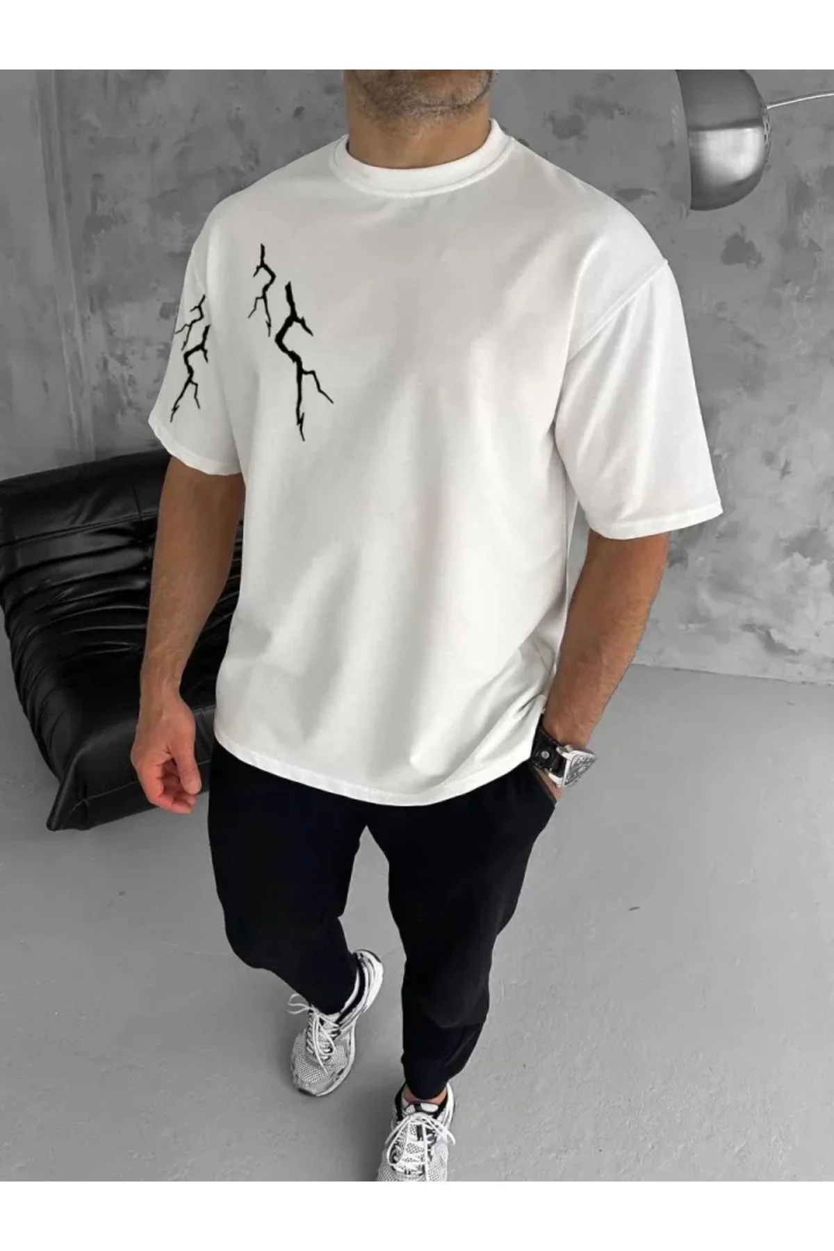 Unisex Bisiklet Yaka Baskılı Oversize T-Shirt - Beyaz