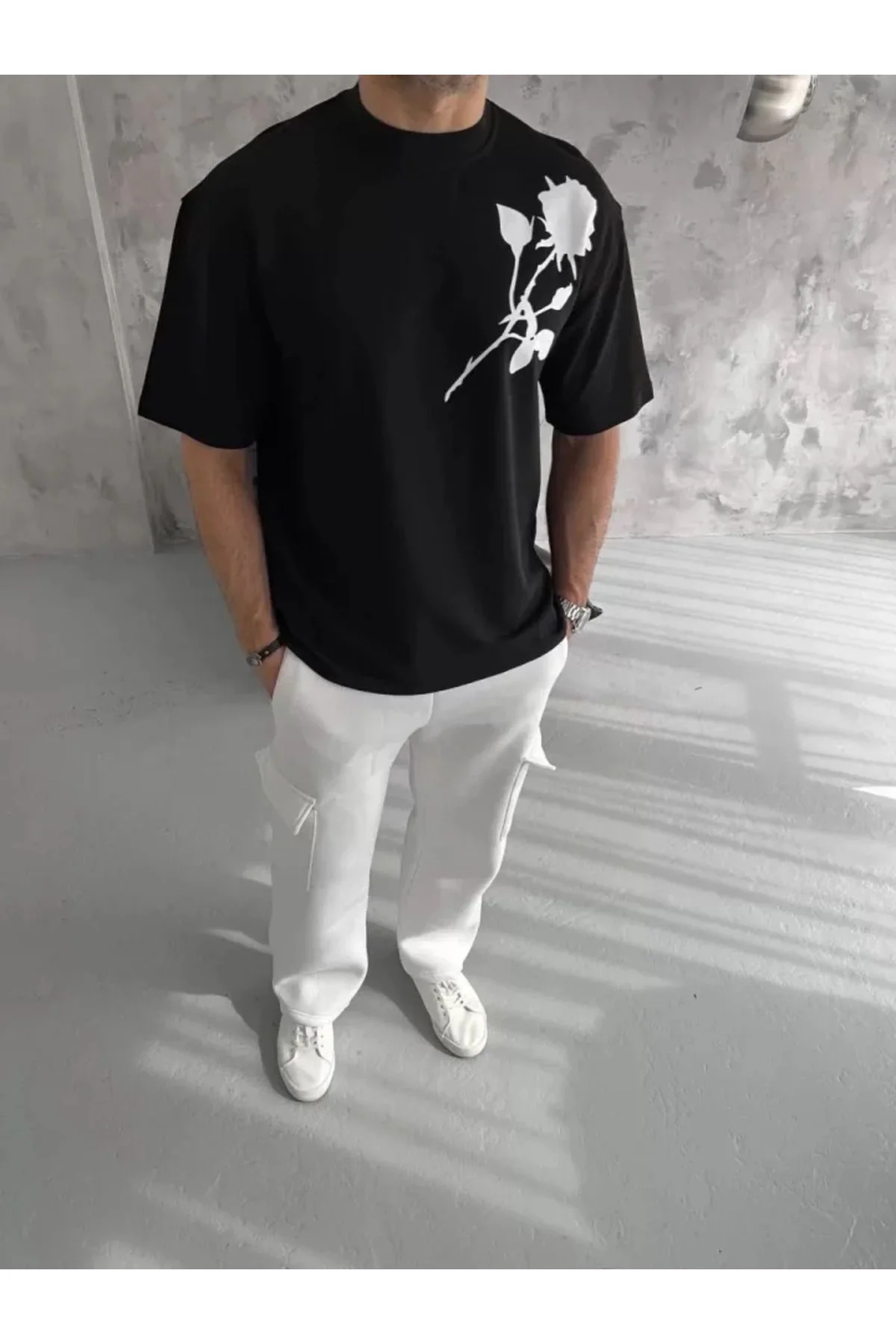 Unisex Bisiklet Yaka Baskılı Oversize T-Shirt - Siyah