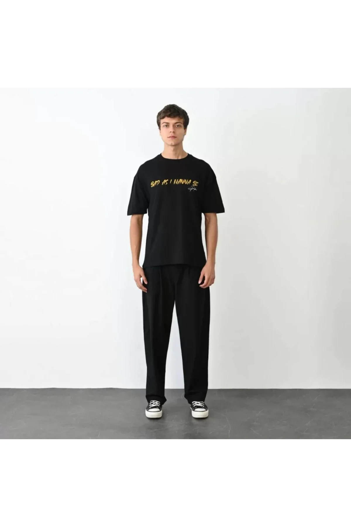 Unisex Bisiklet Yaka Baskılı Oversize T-Shirt - Siyah