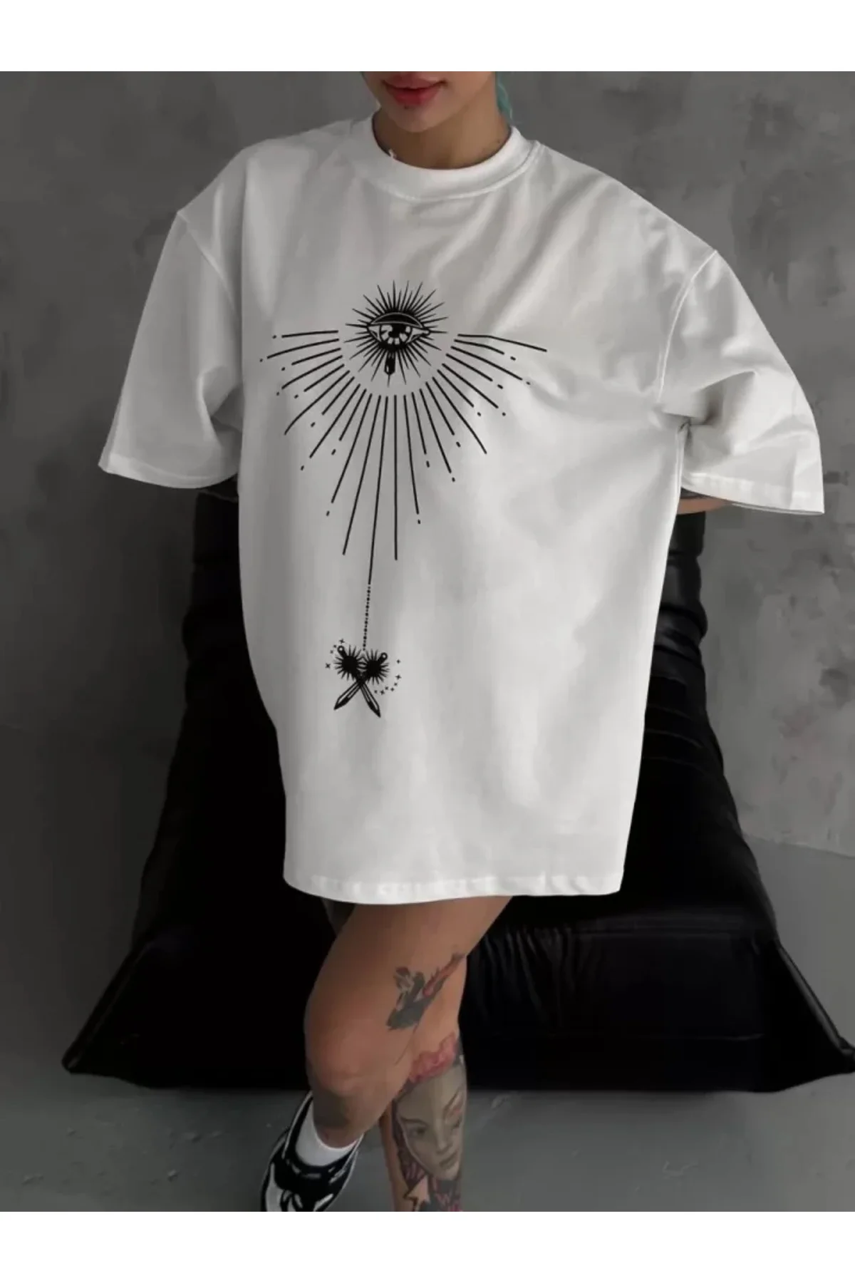 Unisex Bisiklet Yaka Baskılı Oversize T-Shirt - Beyaz
