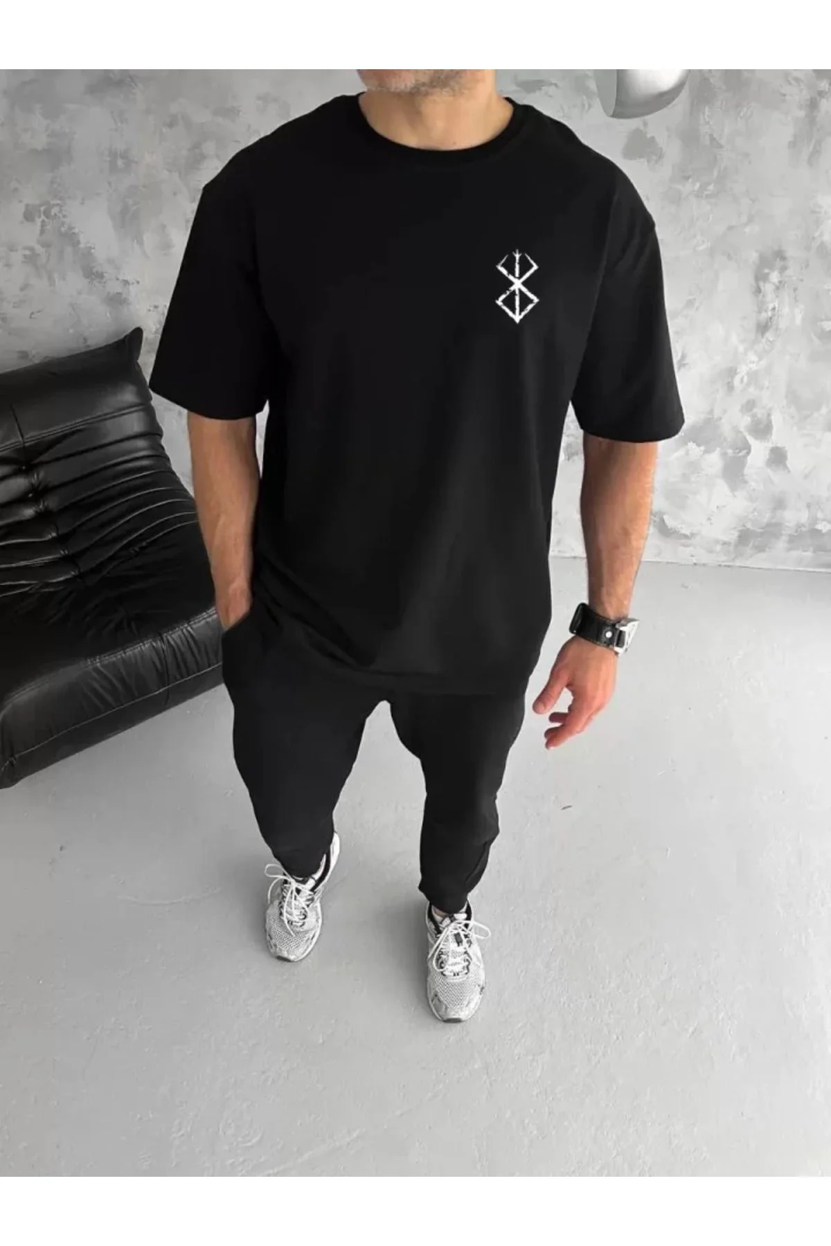 Unisex Bisiklet Yaka Baskılı Oversize T-Shirt - Siyah