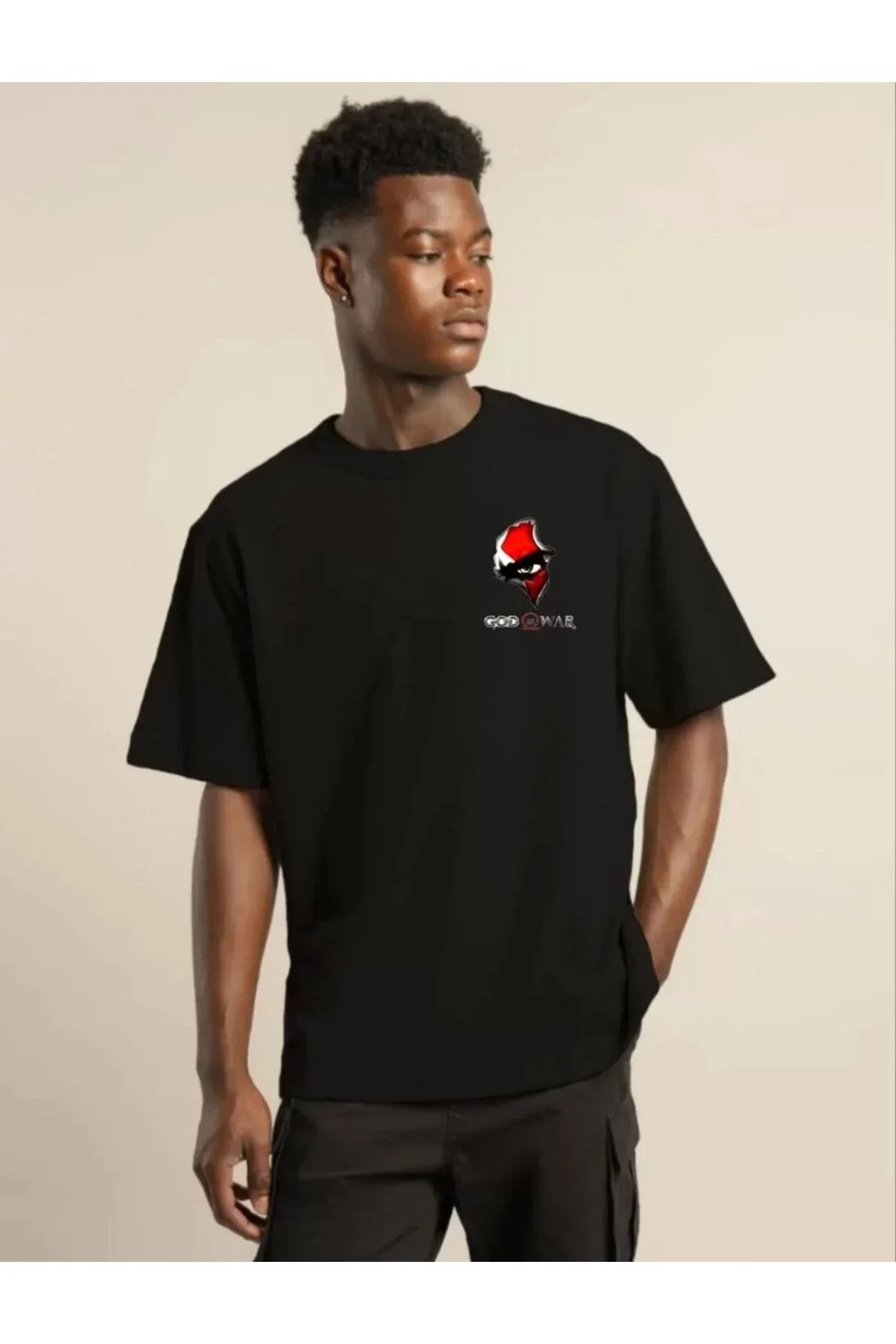 Unisex Bisiklet Yaka Baskılı Oversize T-Shirt - Siyah