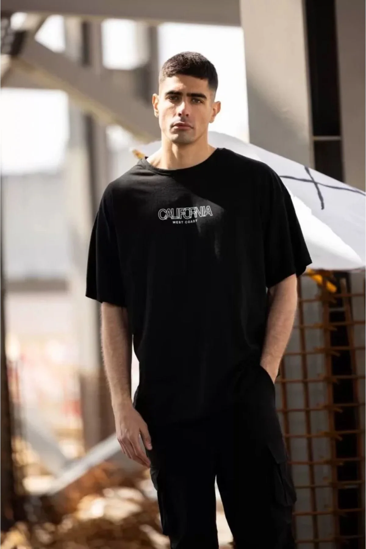 Unisex Bisiklet Yaka Baskılı Oversize T-Shirt - Siyah