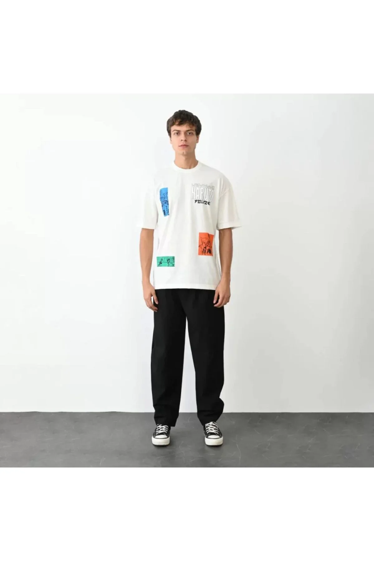 Unisex Bisiklet Yaka Baskılı Oversize T-Shirt - Beyaz