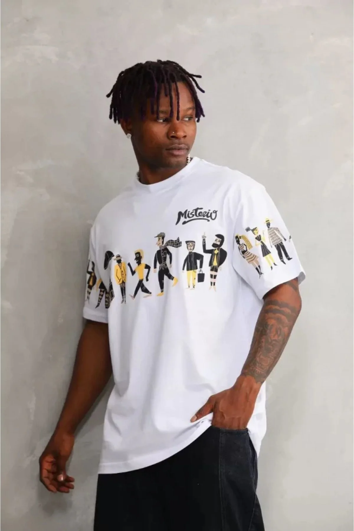 Unisex Bisiklet Yaka Baskılı Oversize T-Shirt - Beyaz