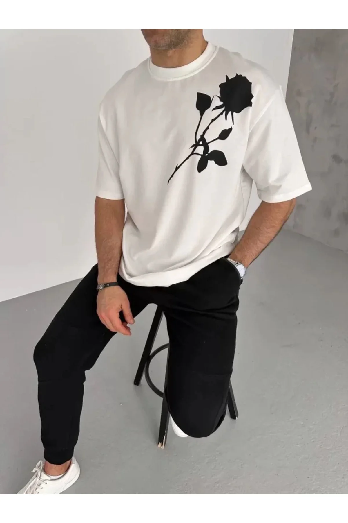 Unisex Bisiklet Yaka Baskılı Oversize T-Shirt - Beyaz