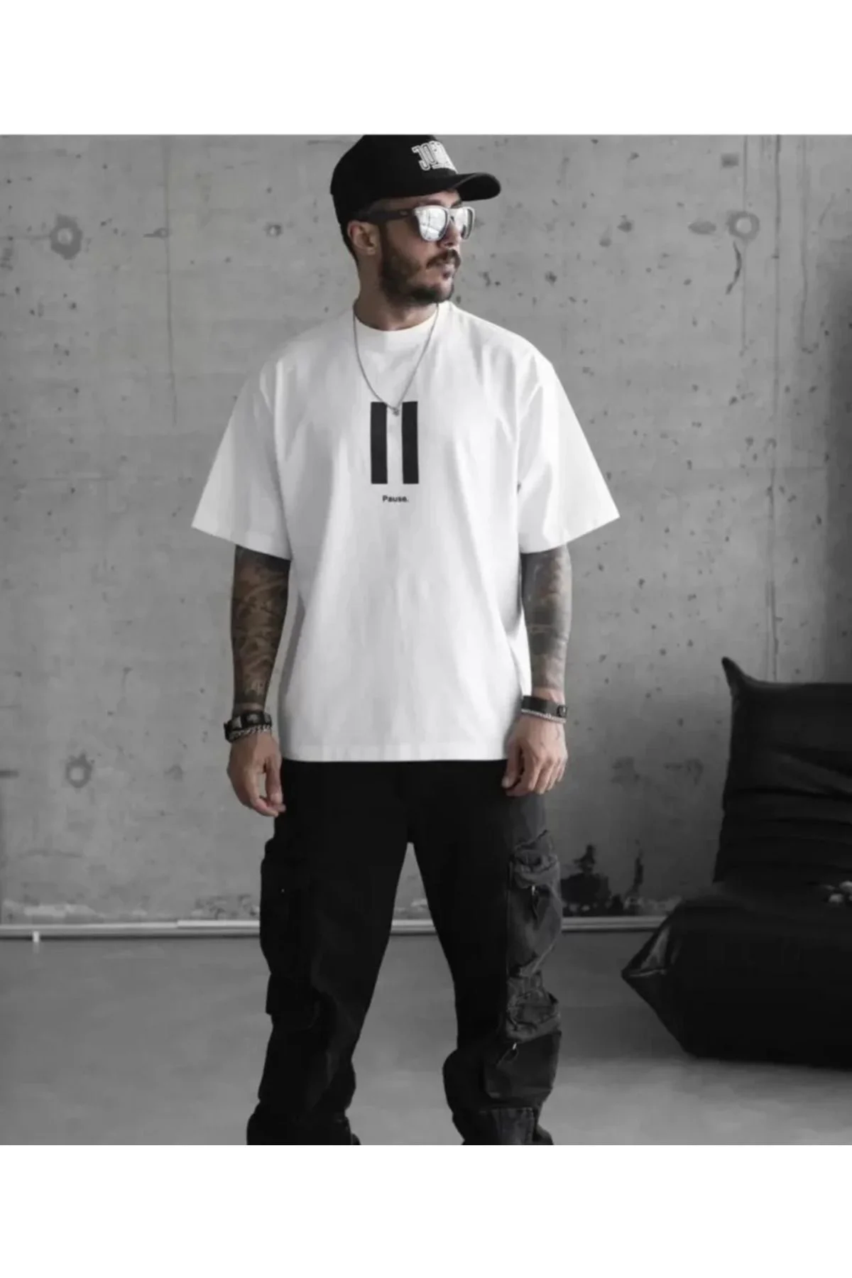 Unisex Bisiklet Yaka Baskılı Oversize T-Shirt - Beyaz