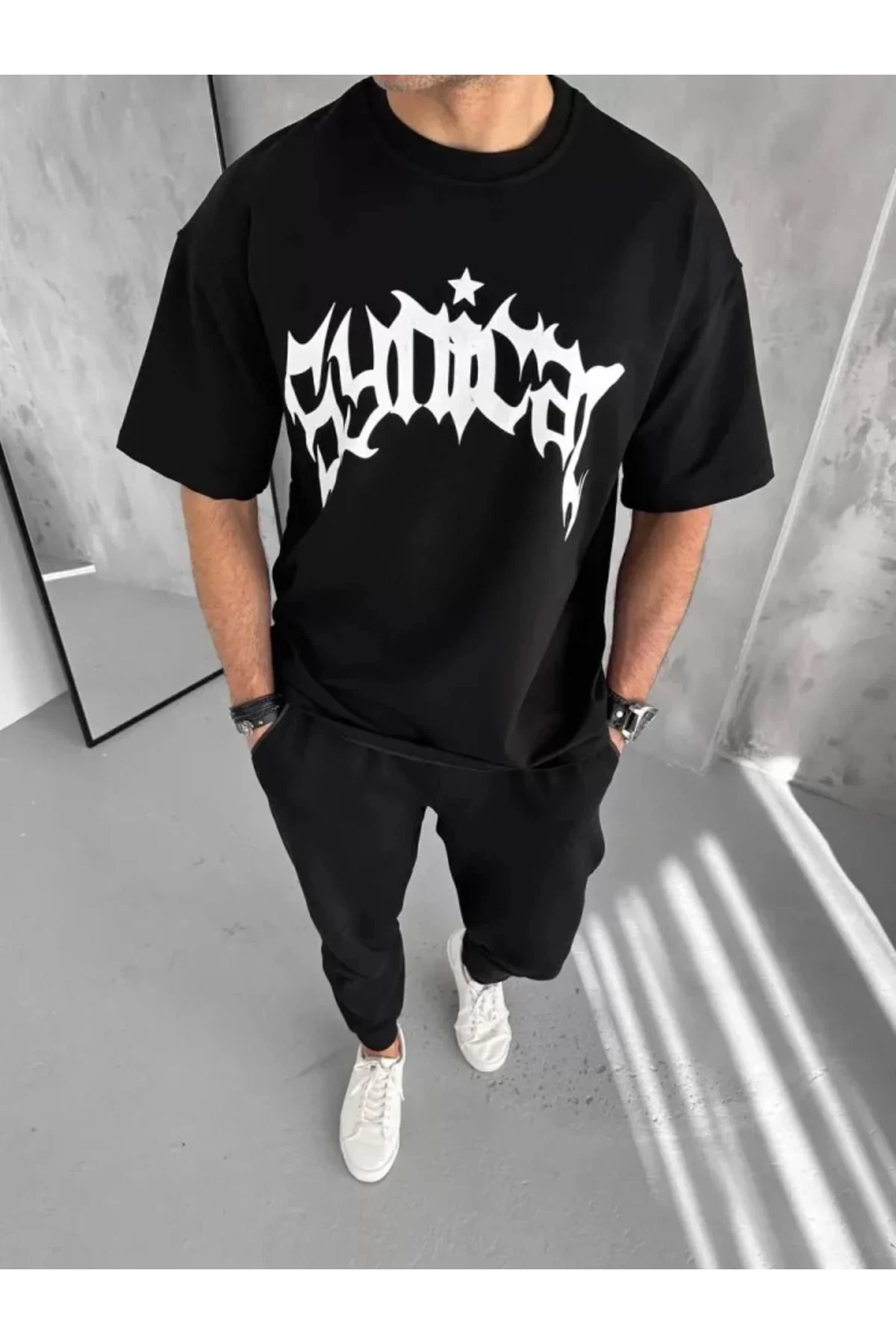 Unisex Bisiklet Yaka Baskılı Oversize T-Shirt - Siyah