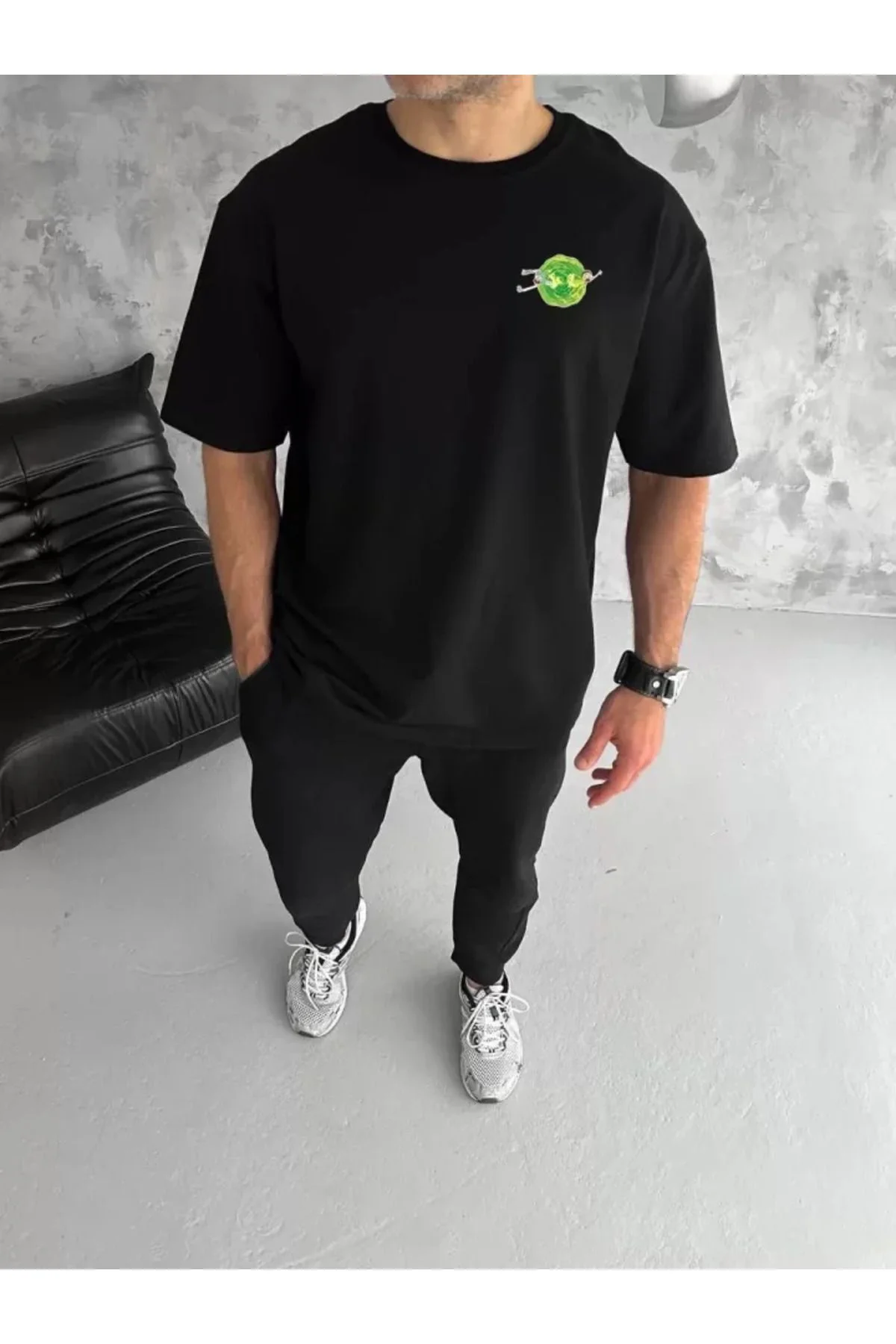 Unisex Bisiklet Yaka Baskılı Oversize T-Shirt - Siyah
