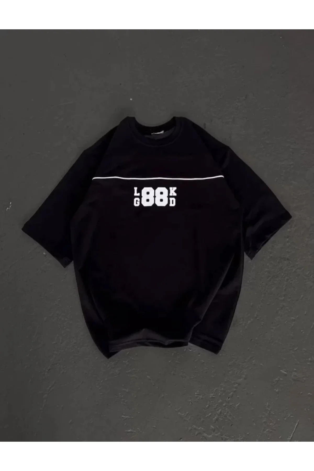 Unisex Bisiklet Yaka Baskılı Oversize T-Shirt - Siyah