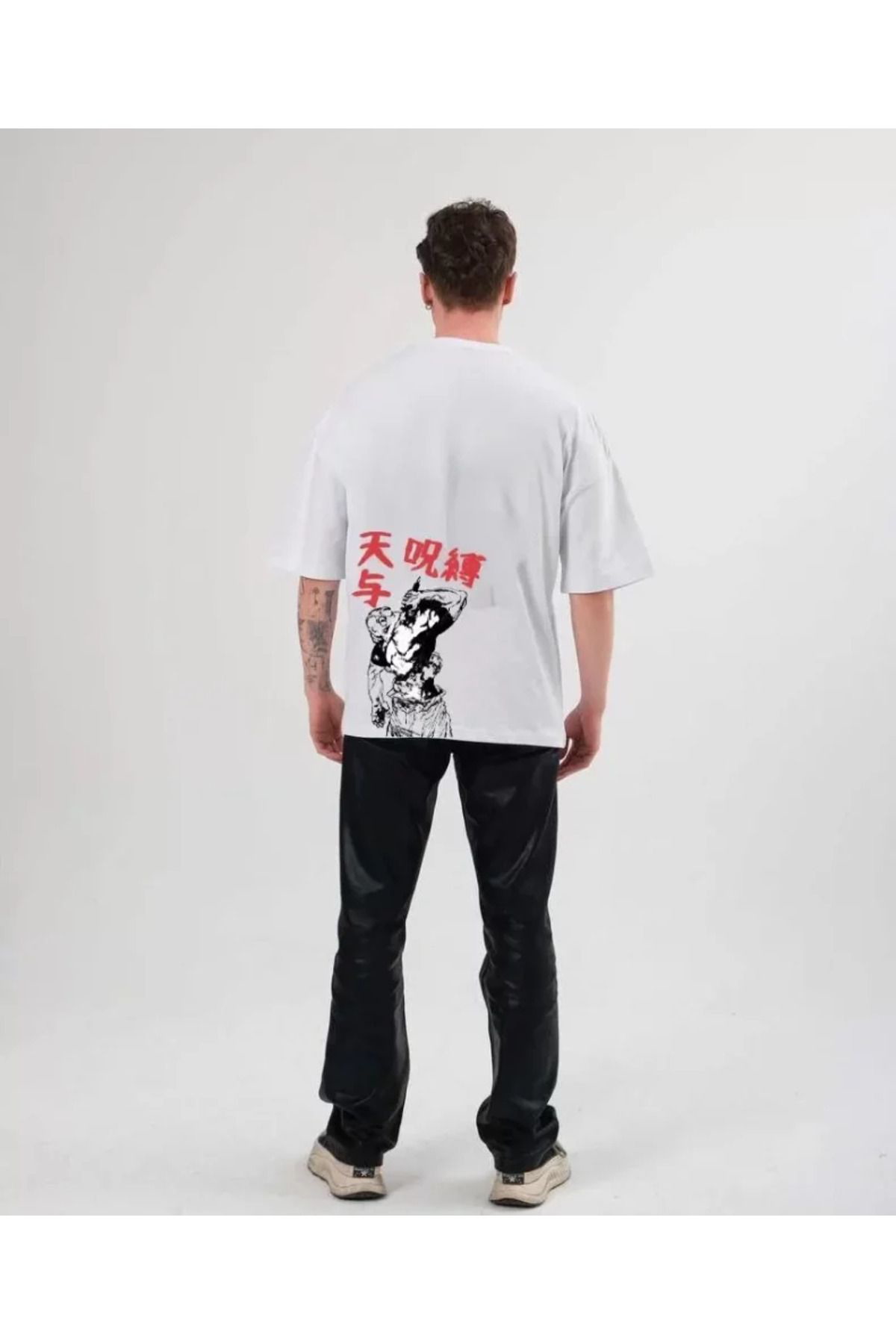 Unisex Bisiklet Yaka Baskılı Oversize T-Shirt - Beyaz