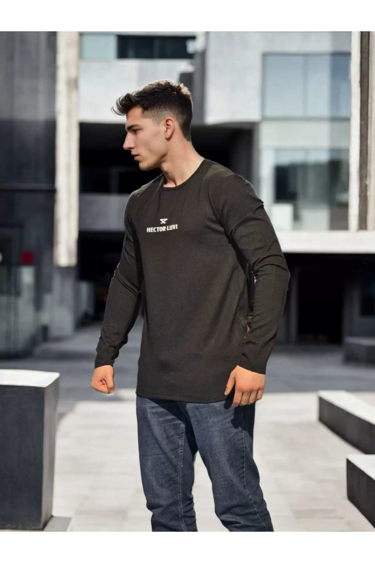 Unisex Bisiklet Yaka Uzun Kollu T-Shirt - Siyah