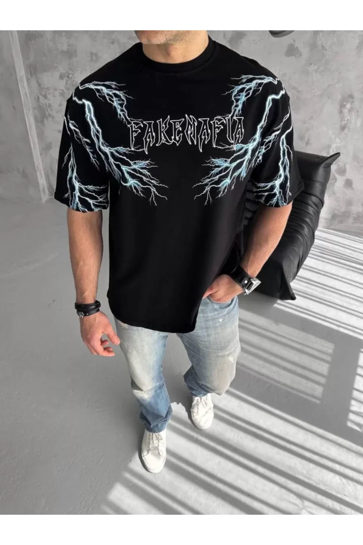 Unisex Bisiklet Yaka Baskılı Oversize T-Shirt - Siyah