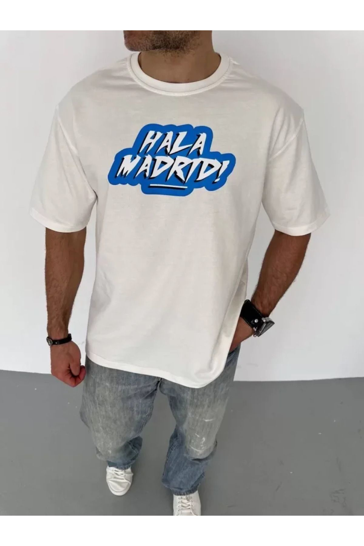 Unisex Bisiklet Yaka Baskılı Oversize T-Shirt - Beyaz