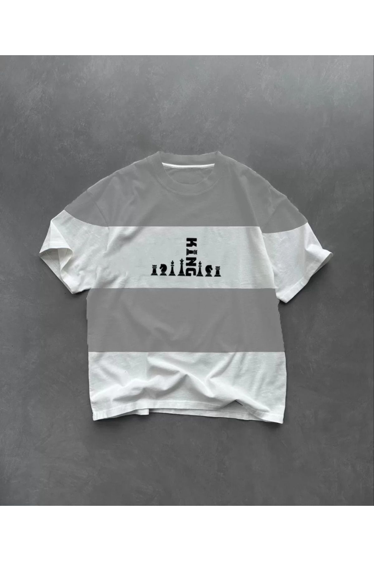 Unisex Bisiklet Yaka Baskılı Parçalı Oversize T-Shirt - Gri